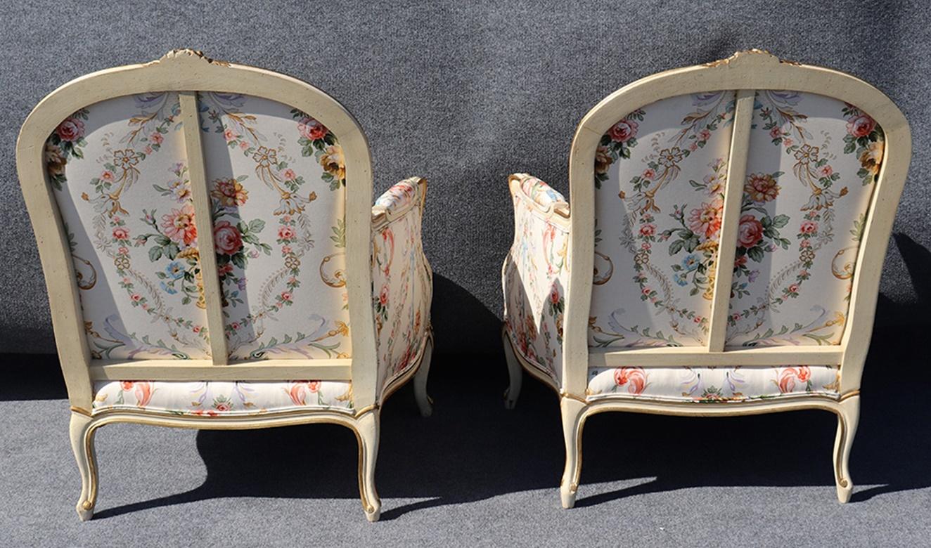 Pair of French Painted Carved Louis XV Style Bergère Chairs 7