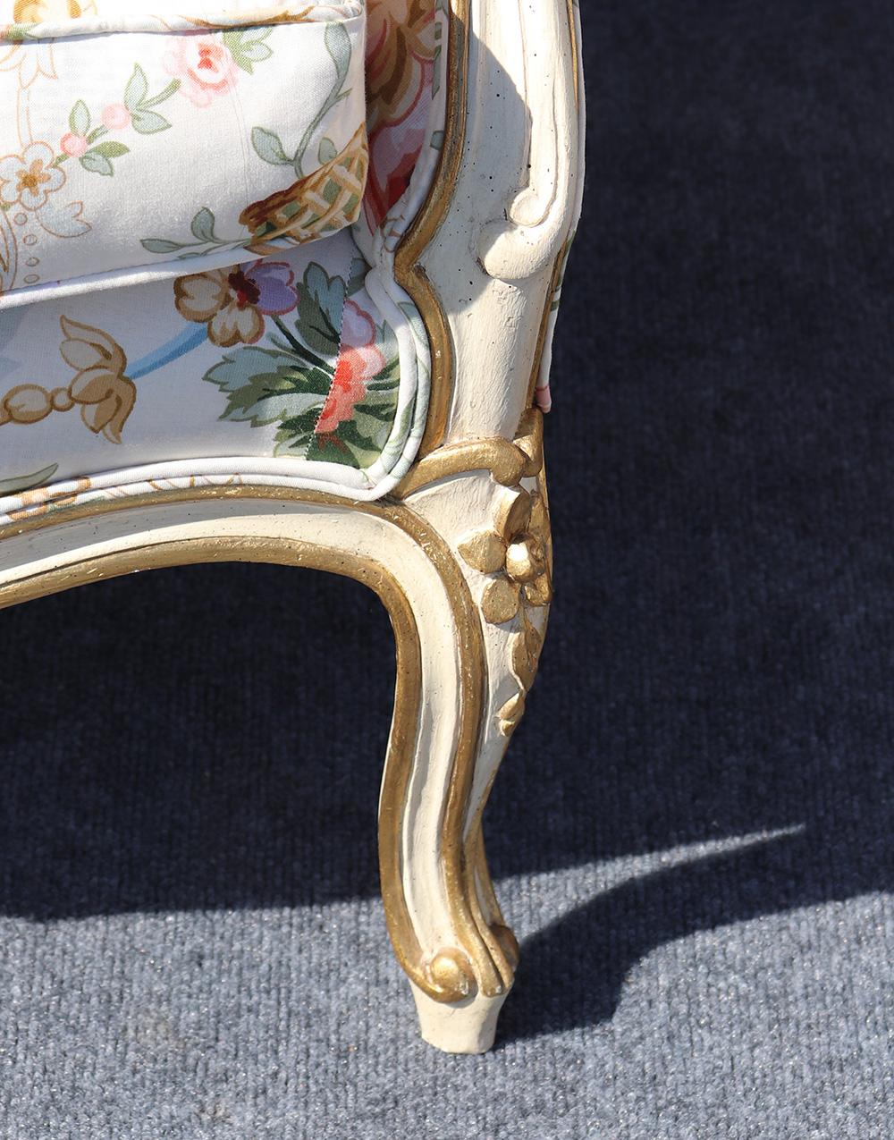 Upholstery Pair of French Painted Carved Louis XV Style Bergère Chairs