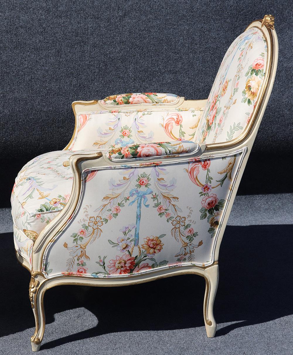 Pair of French Painted Carved Louis XV Style Bergère Chairs 4