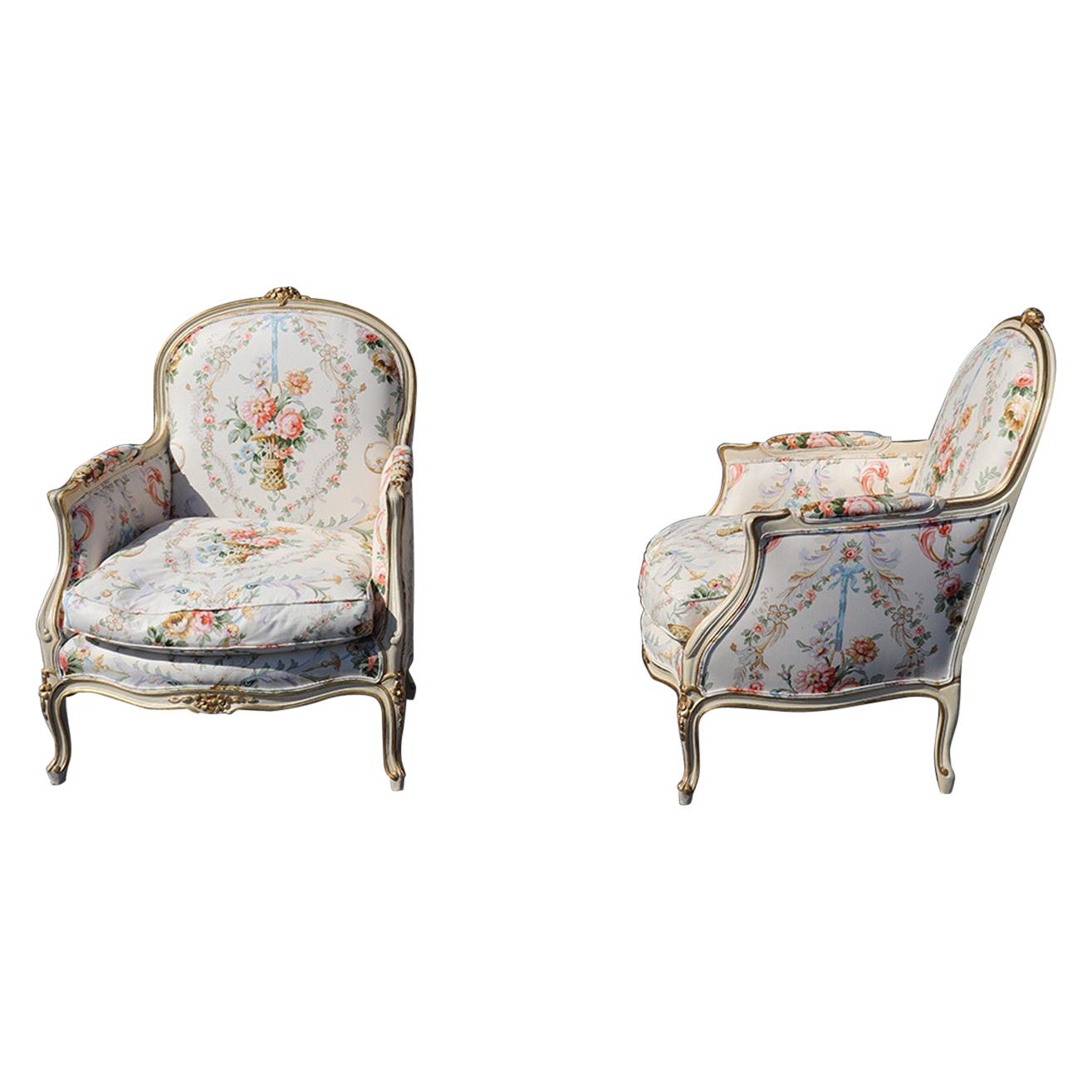 Pair of French Painted Carved Louis XV Style Bergère Chairs