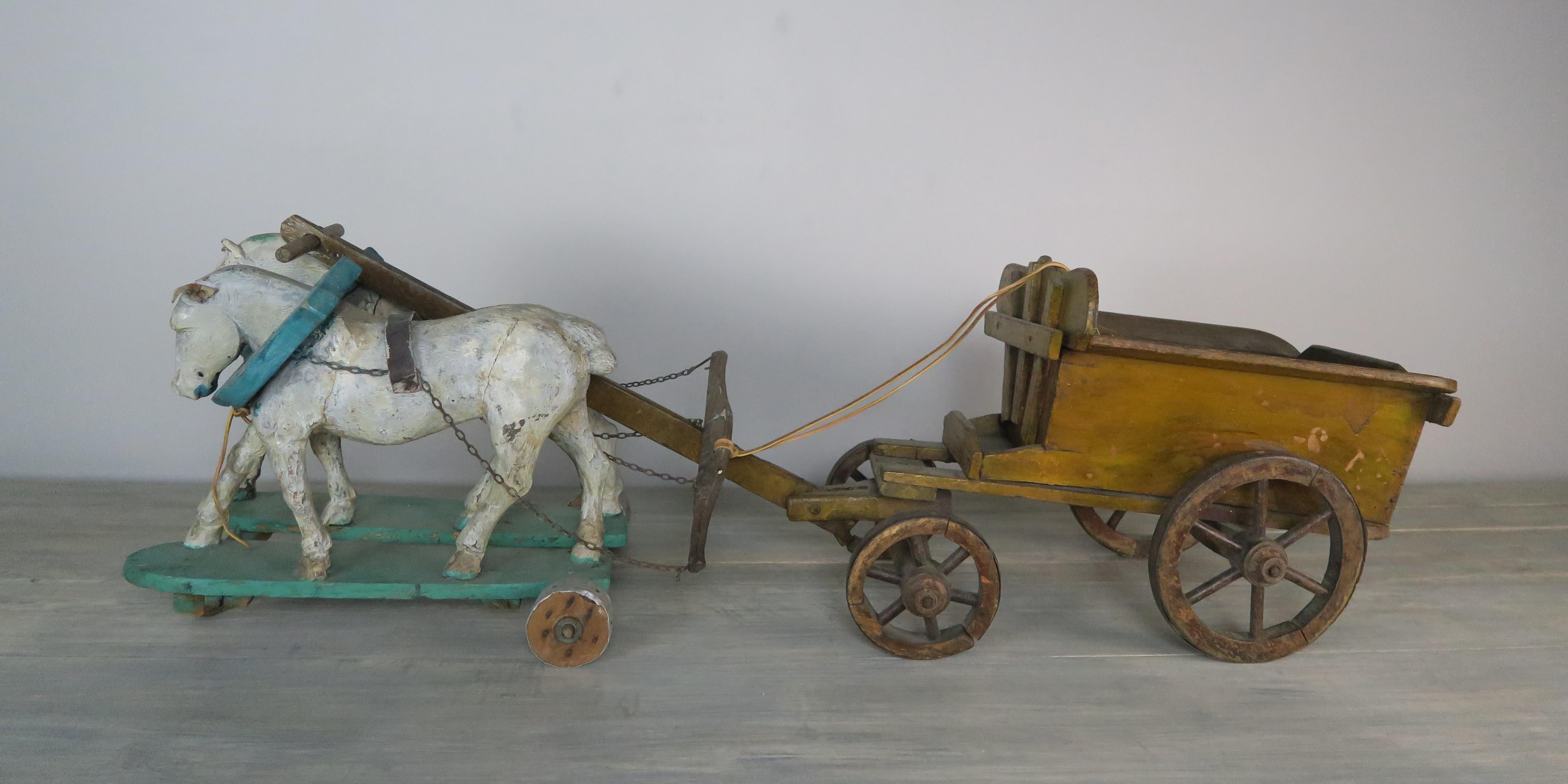 Pair of French Painted Horses Pulling Wooden Cart 6