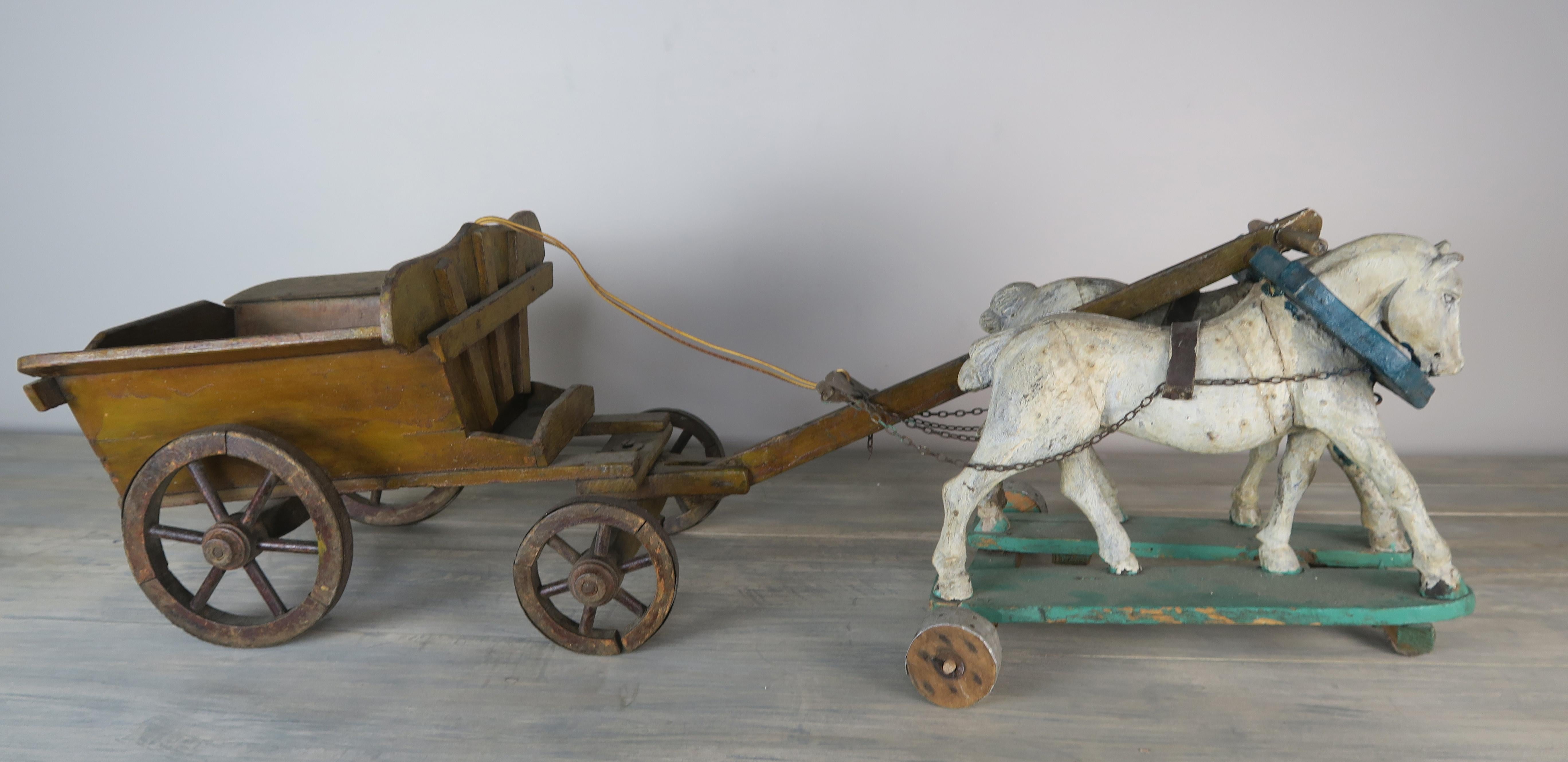 Primitive Pair of French Painted Horses Pulling Wooden Cart