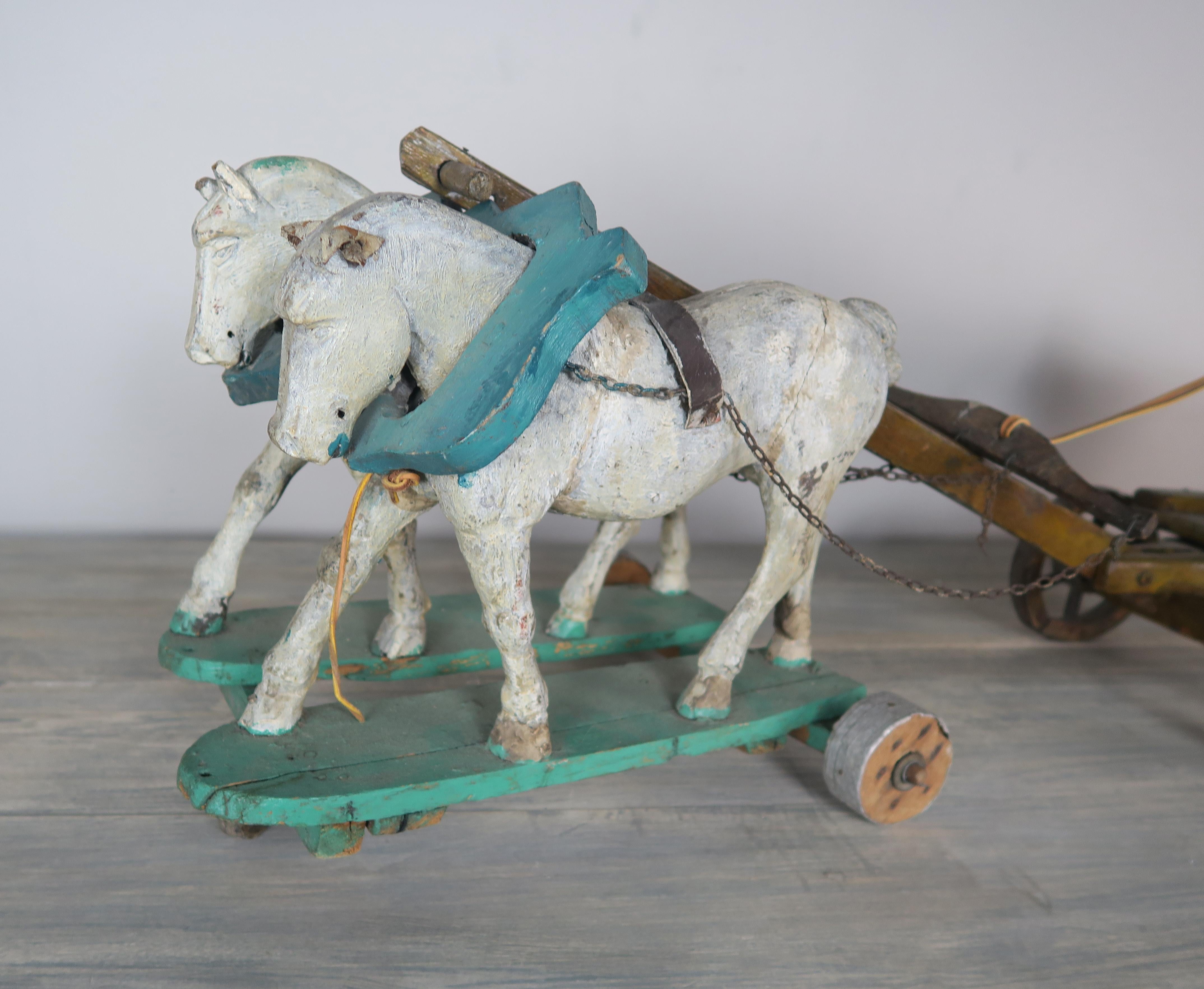 Pair of French Painted Horses Pulling Wooden Cart In Distressed Condition In Los Angeles, CA