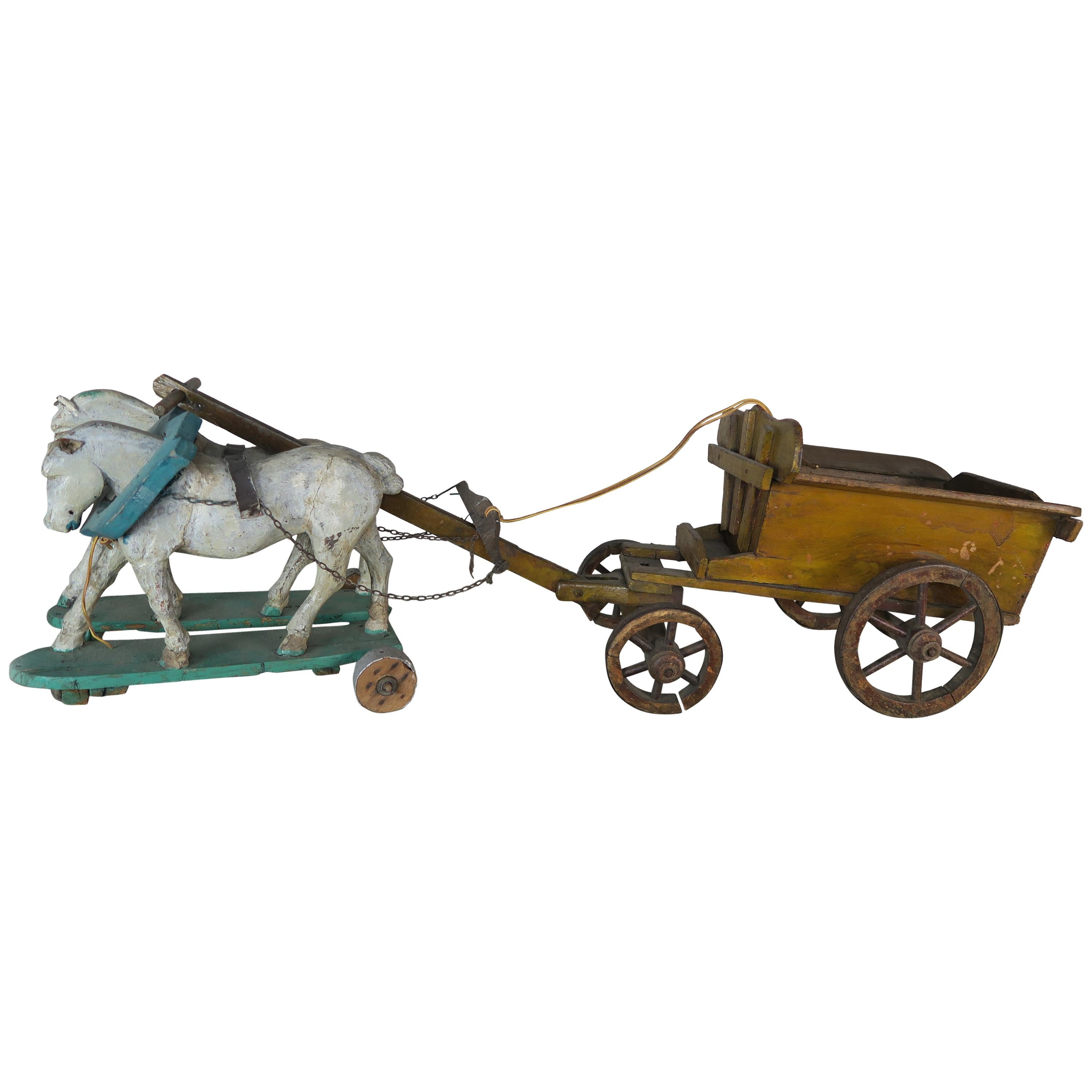 Pair of French Painted Horses Pulling Wooden Cart