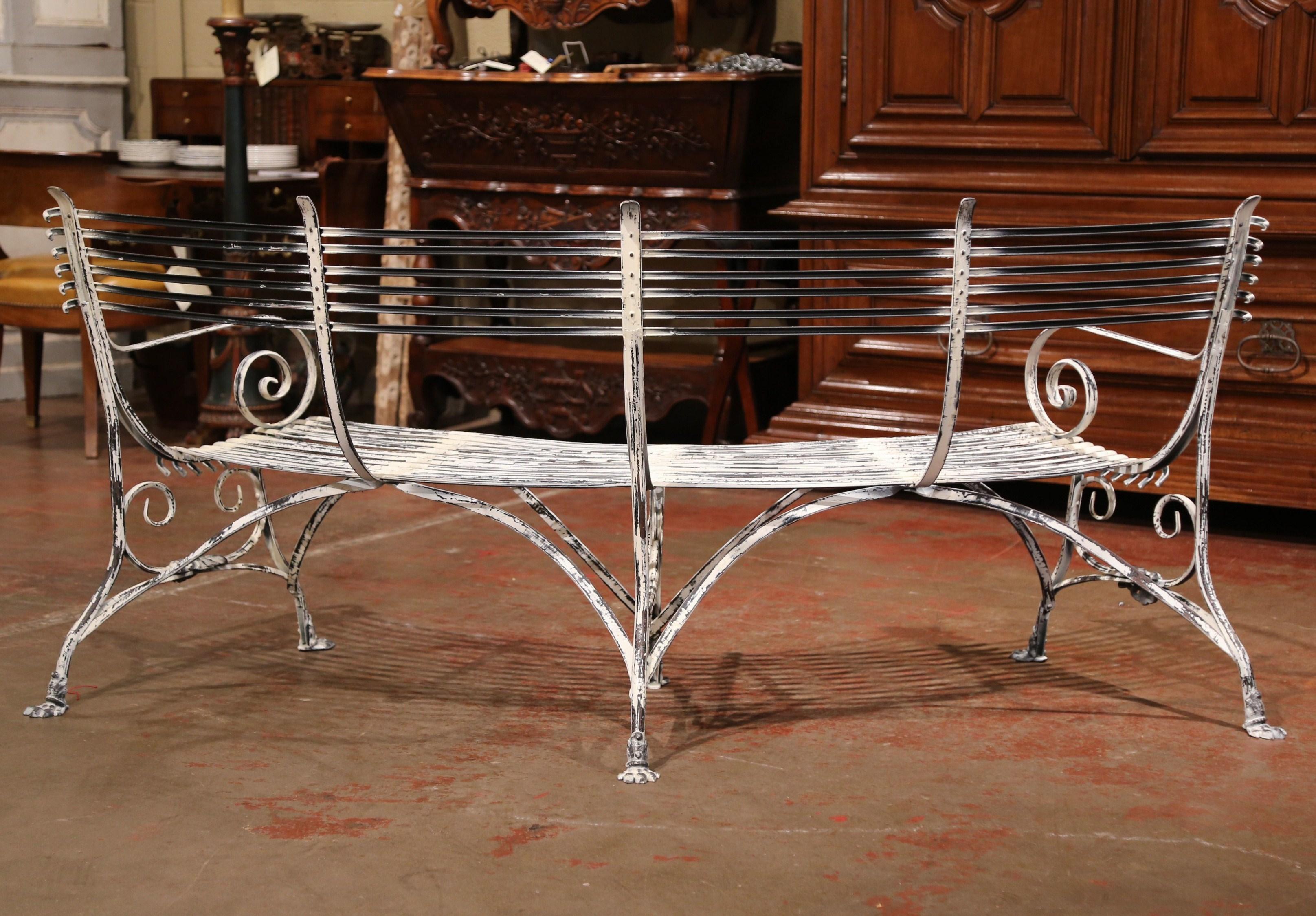 Pair of French Painted Iron Curved Four-Seat Benches with Back Signed Sauveur  1