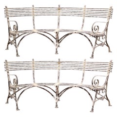 Pair of French Painted Iron Curved Four-Seat Benches with Back Signed Sauveur 