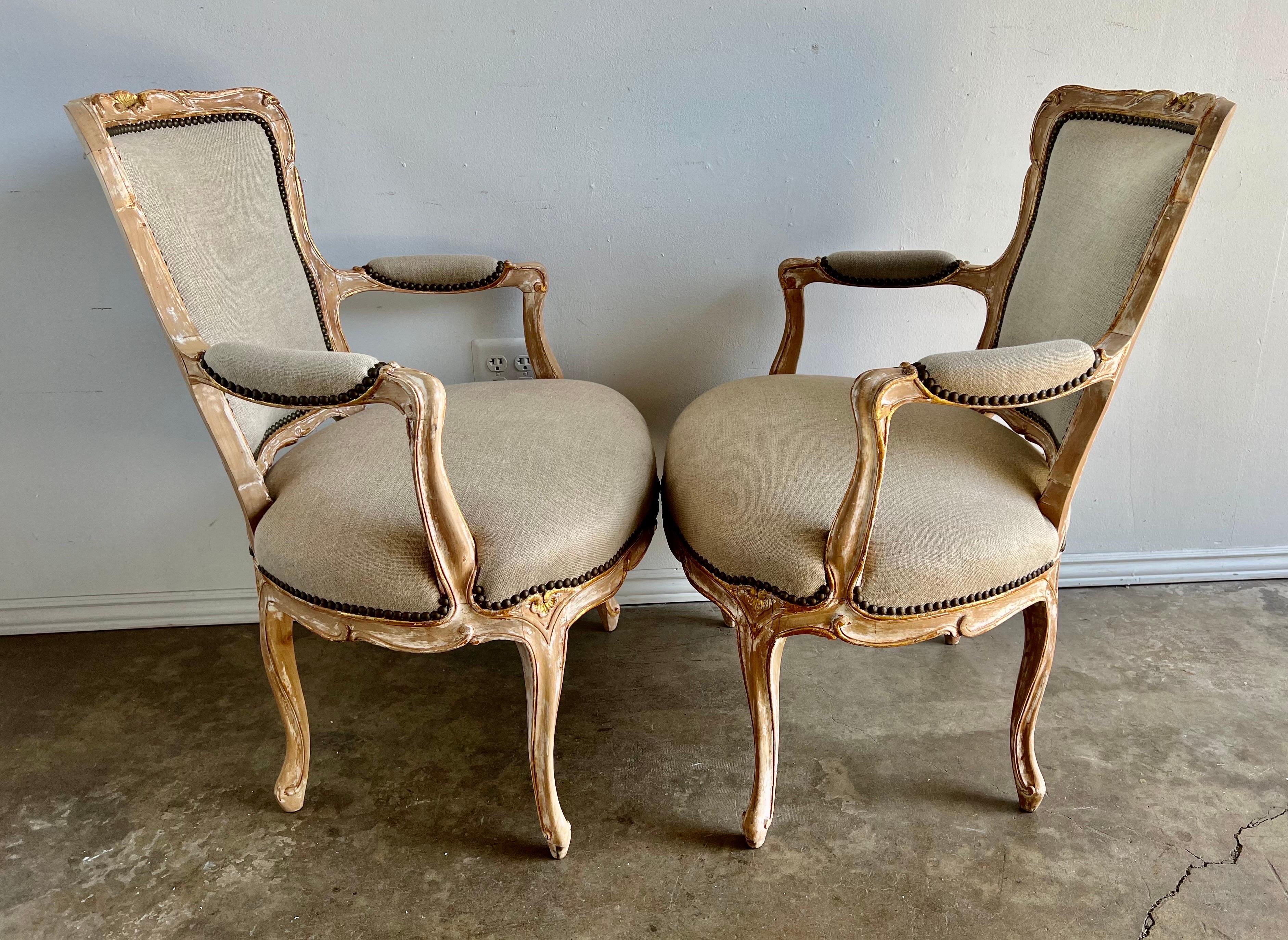 Linen Pair of French Painted Louis XV Style Armchairs