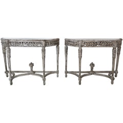 Pair of French Painted Louis XVI Style Carved Consoles, Antiqued Mirrored Tops