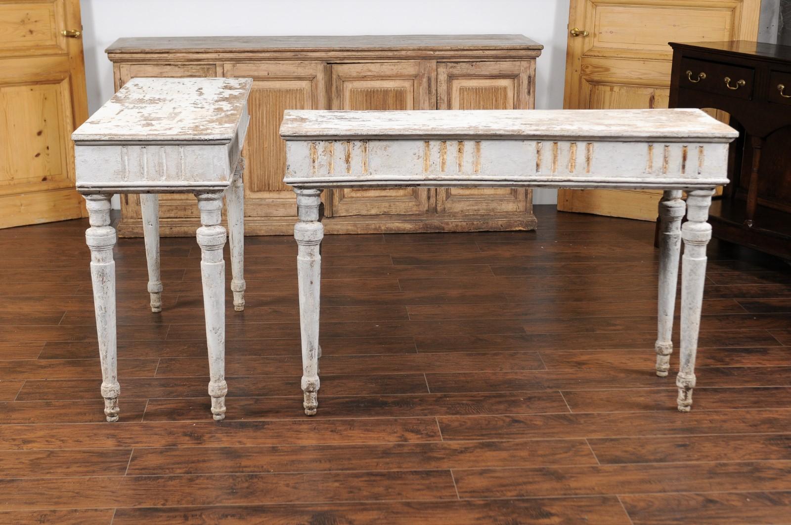 Wood Pair of French Painted Neoclassical Style 1850s Console Tables with Fluting
