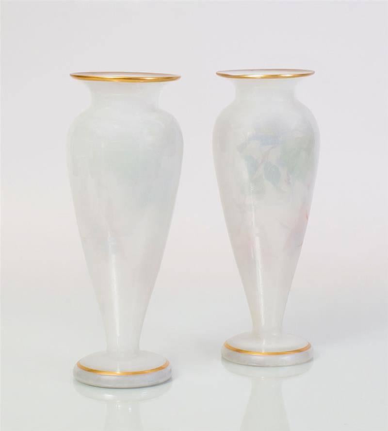 Belle Époque Pair of French Painted Opaline Glass 19th Century Vases For Sale