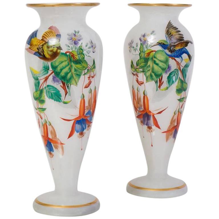 Pair of French Painted Opaline Glass 19th Century Vases For Sale