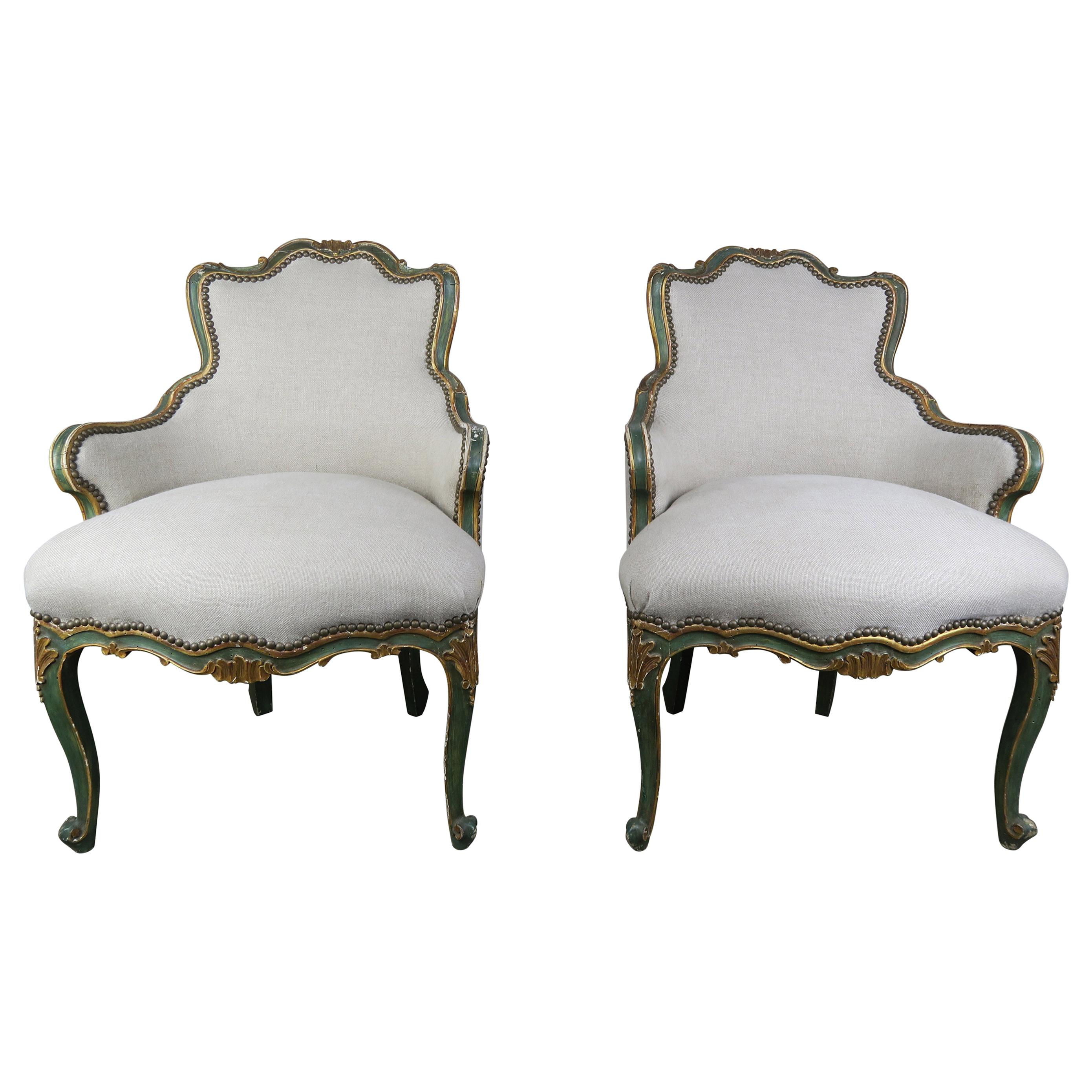 Pair of French Painted and Parcel Gilt Armchairs
