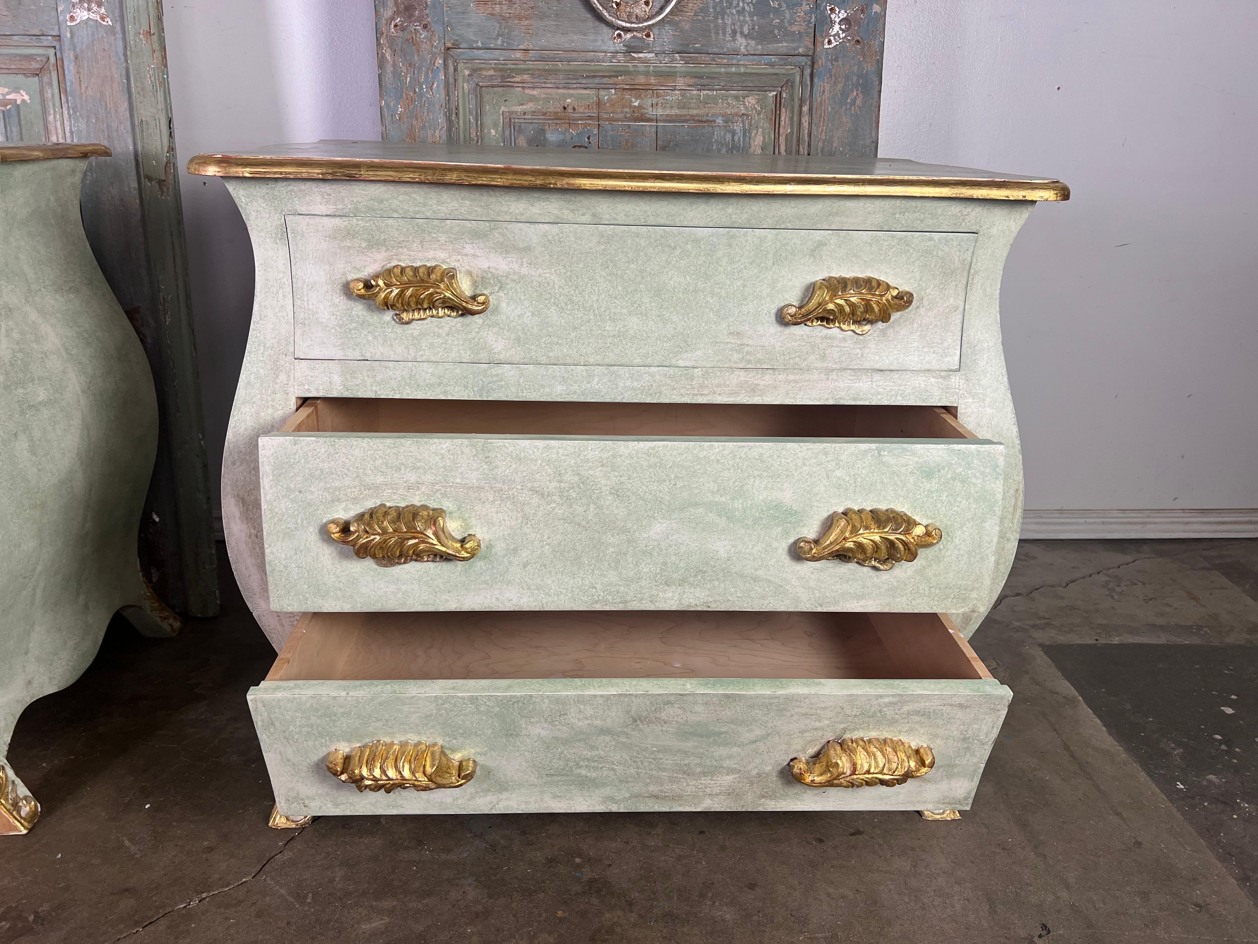 Pair of French Painted & Parcel Gilt Bombe Chests 4