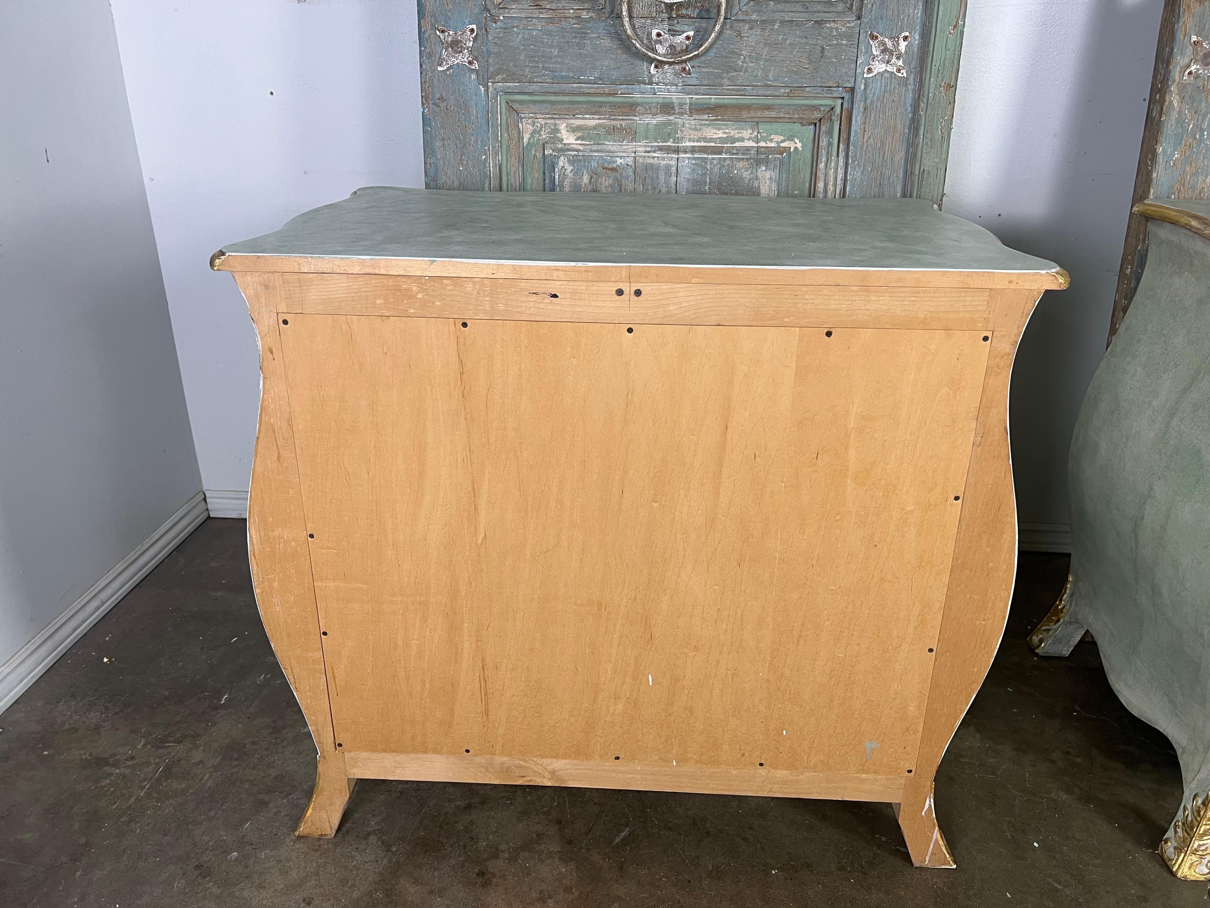 Pair of French Painted & Parcel Gilt Bombe Chests 5
