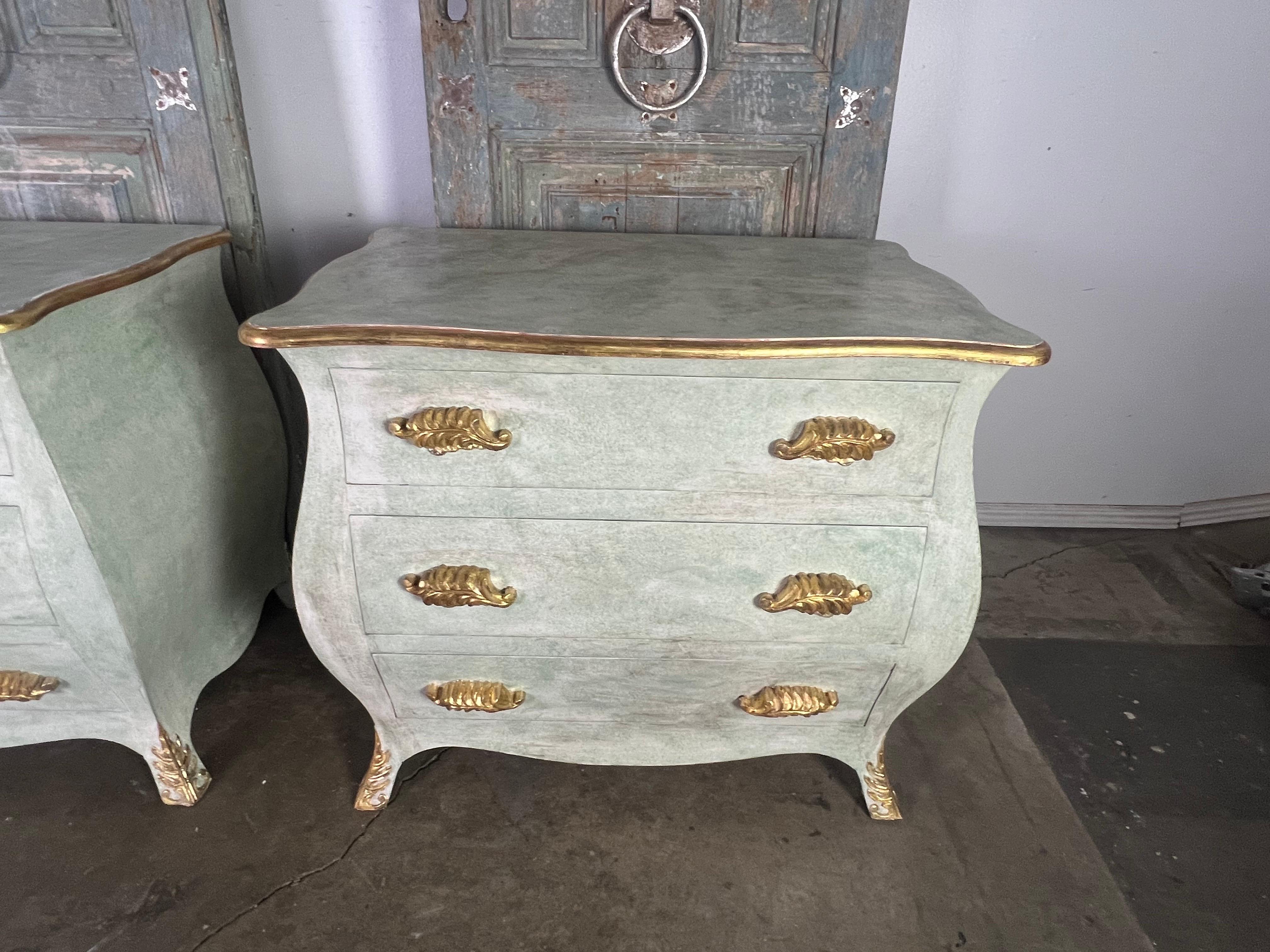 French Provincial Pair of French Painted & Parcel Gilt Bombe Chests