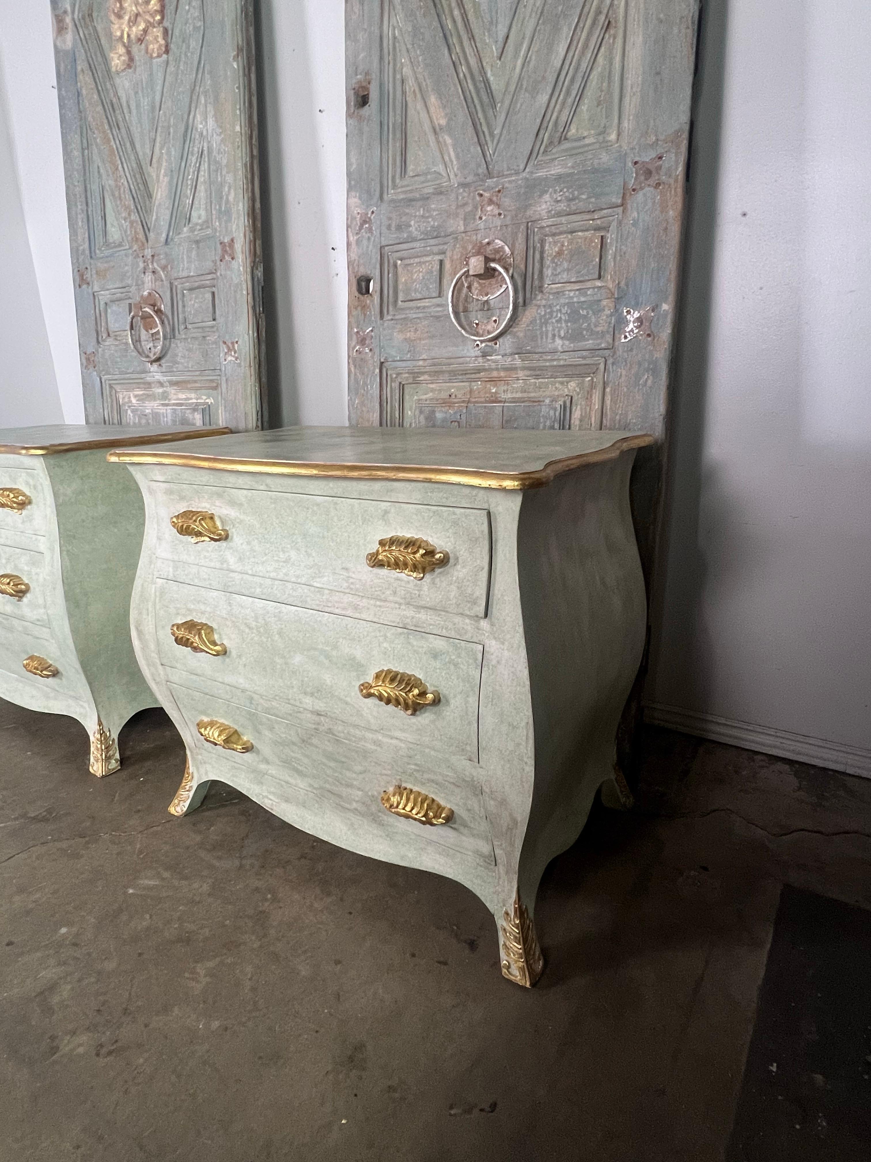 Pair of French Painted & Parcel Gilt Bombe Chests 2
