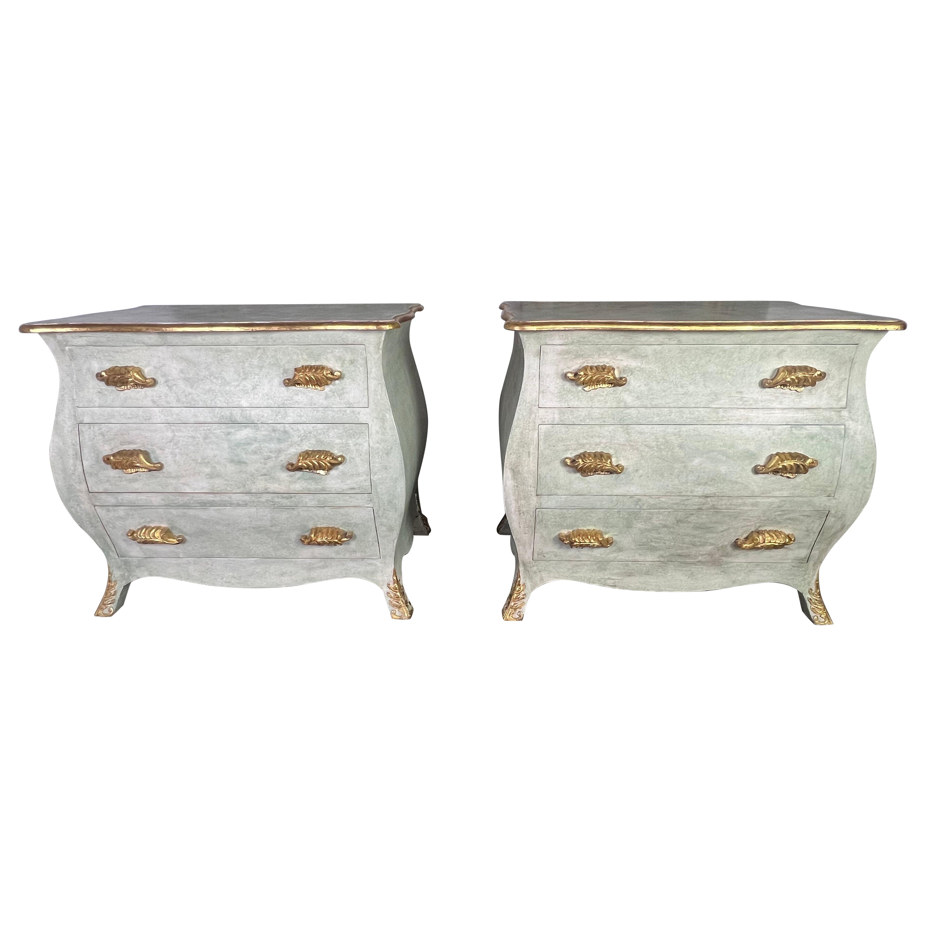 Pair of French Painted & Parcel Gilt Bombe Chests