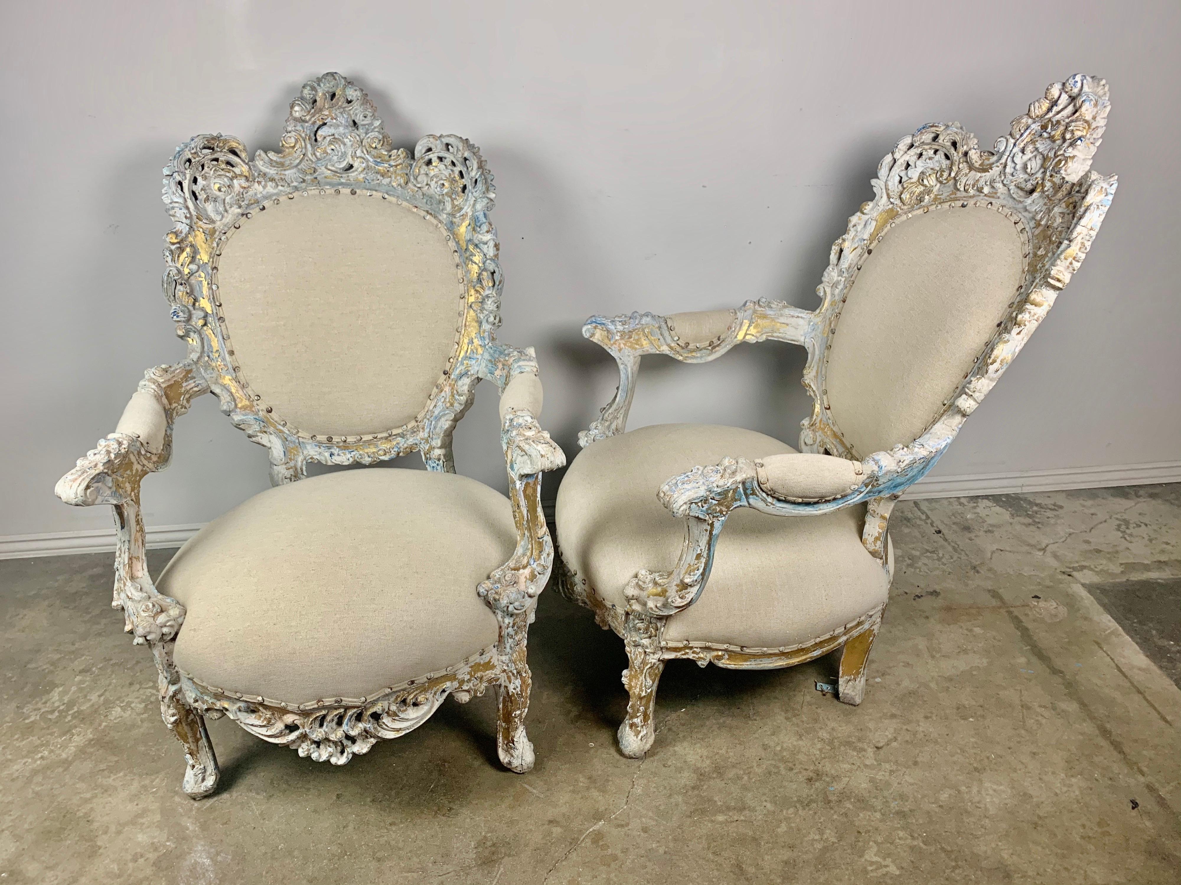 Pair of French Painted Rococo Style Armchairs 4