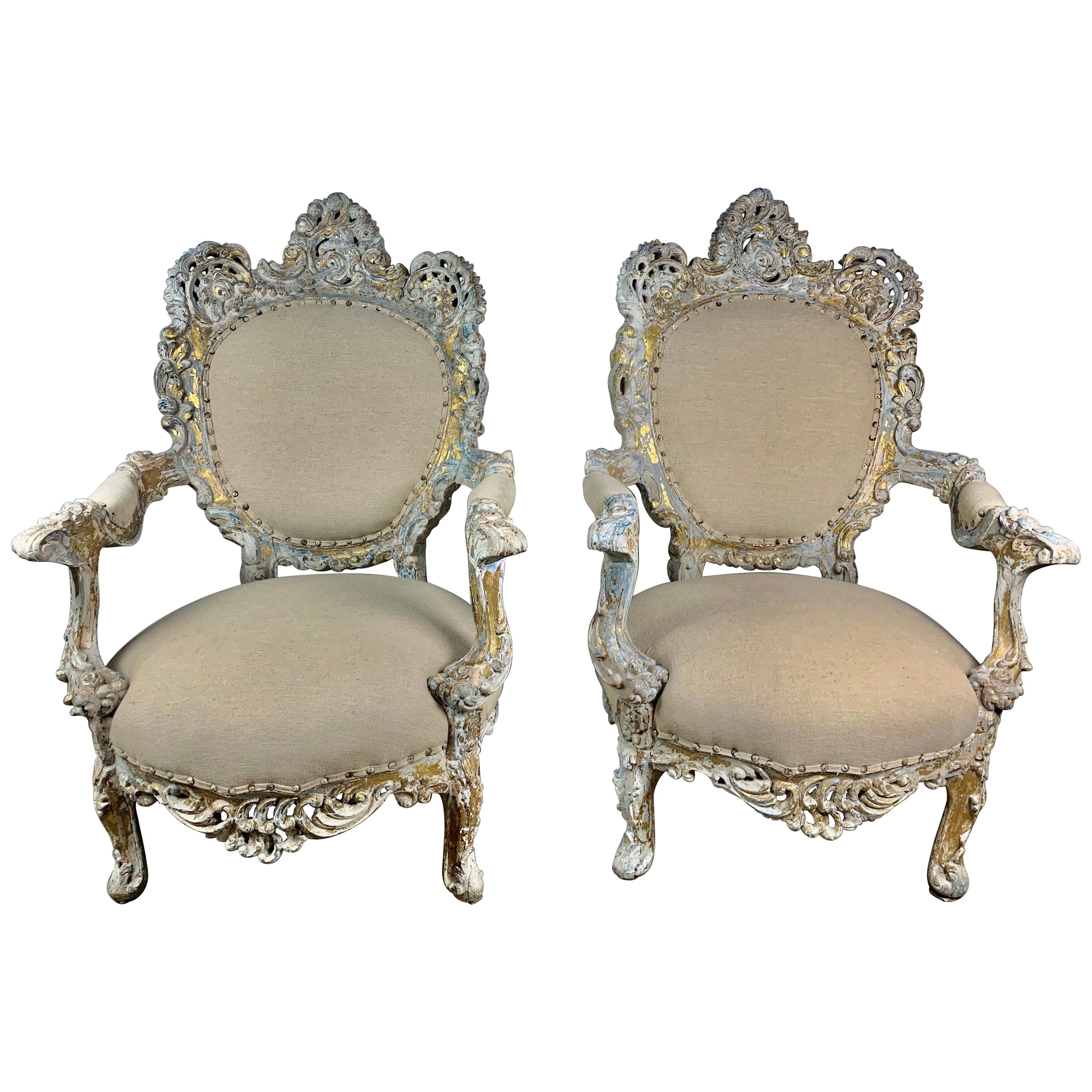 Pair of French Painted Rococo Style Armchairs