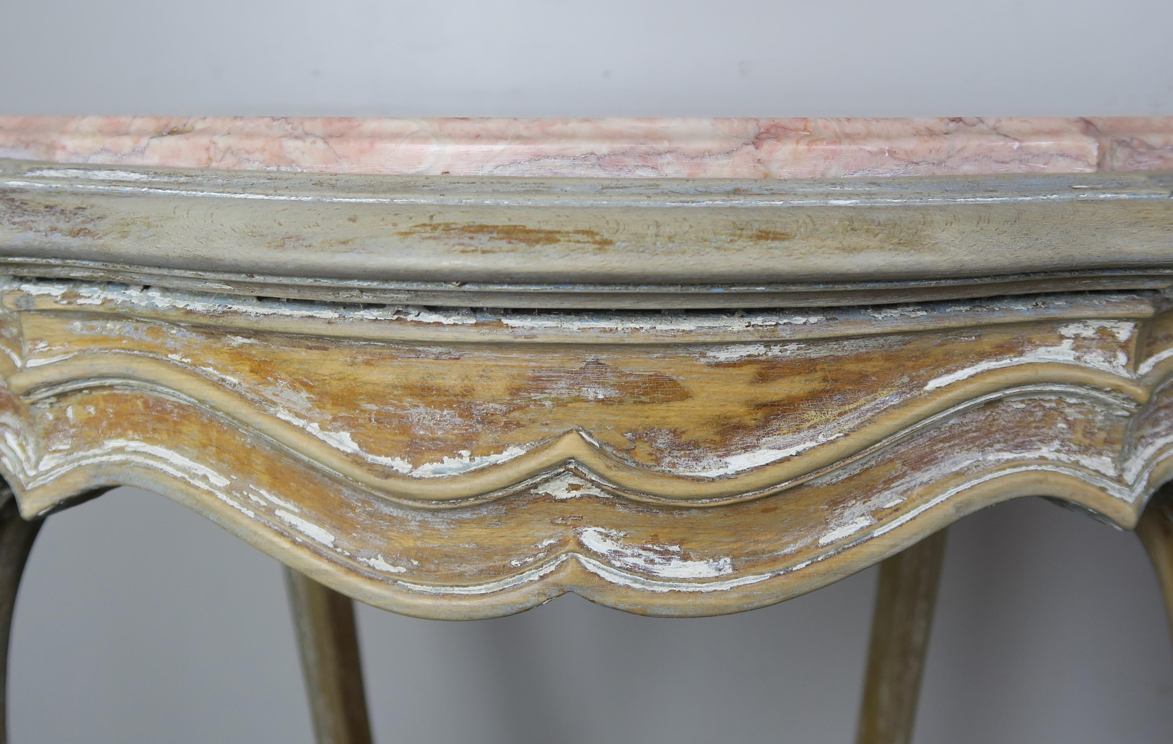 Louis XV Pair of French Painted Table with Marble Tops, circa 1920s