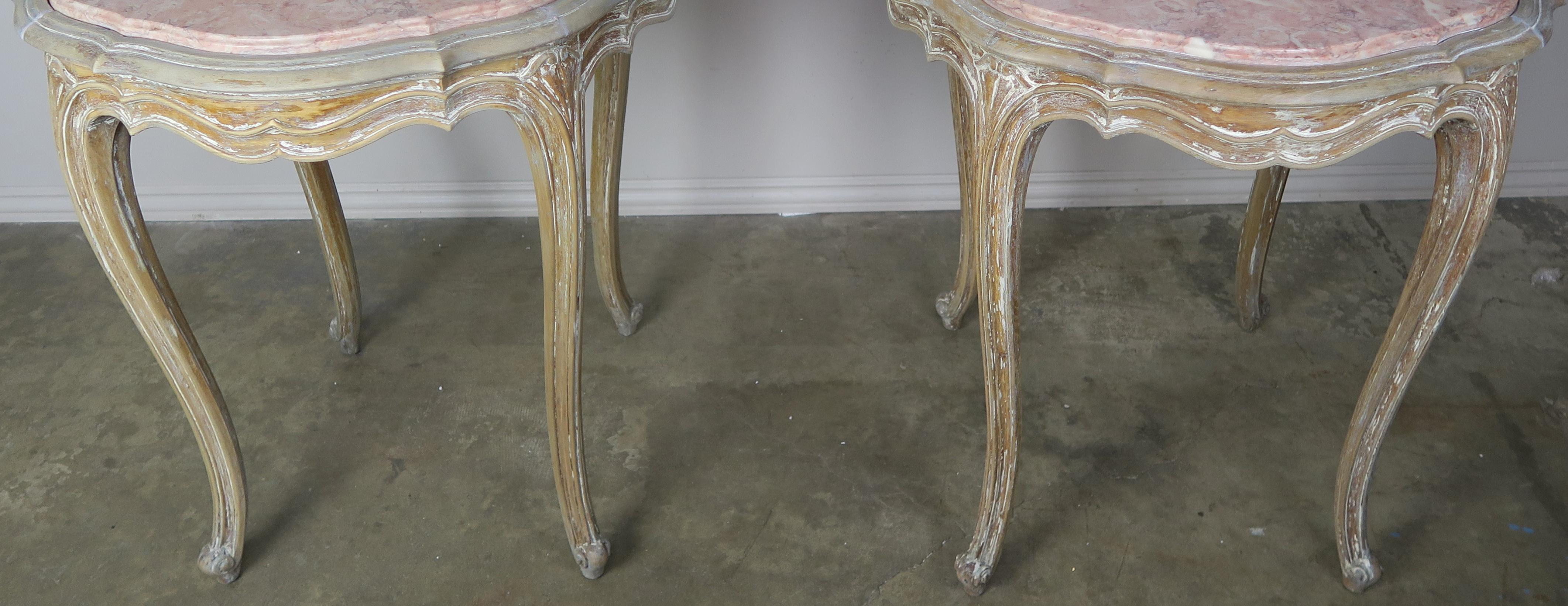 Hand-Painted Pair of French Painted Table with Marble Tops, circa 1920s