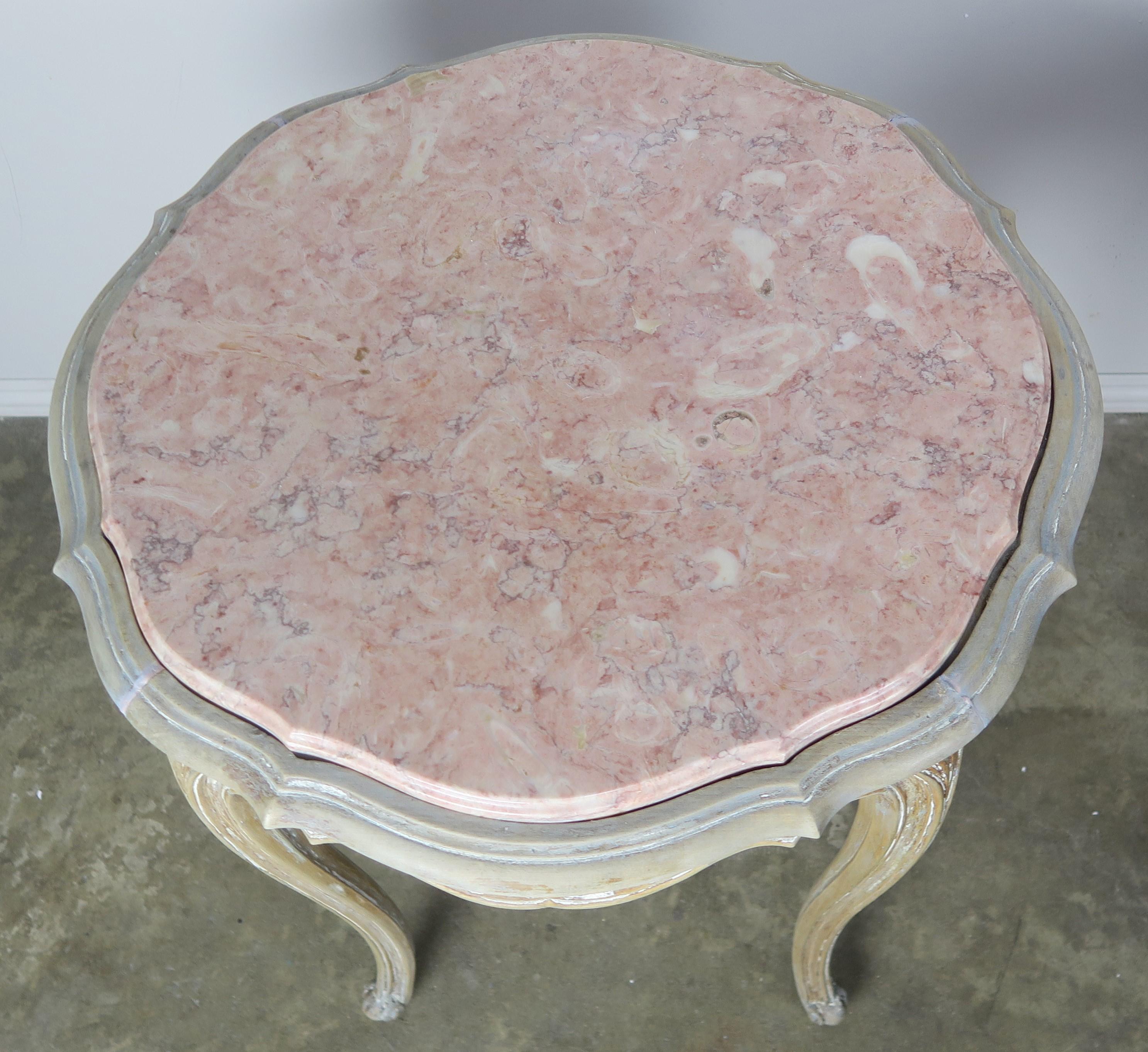 Pair of French Painted Table with Marble Tops, circa 1920s 1