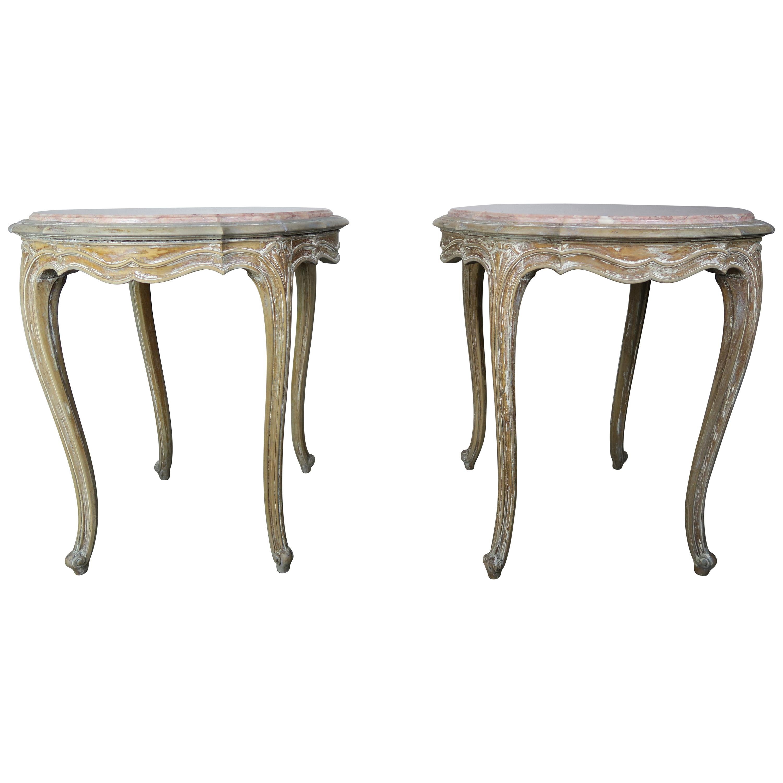 Pair of French Painted Table with Marble Tops, circa 1920s
