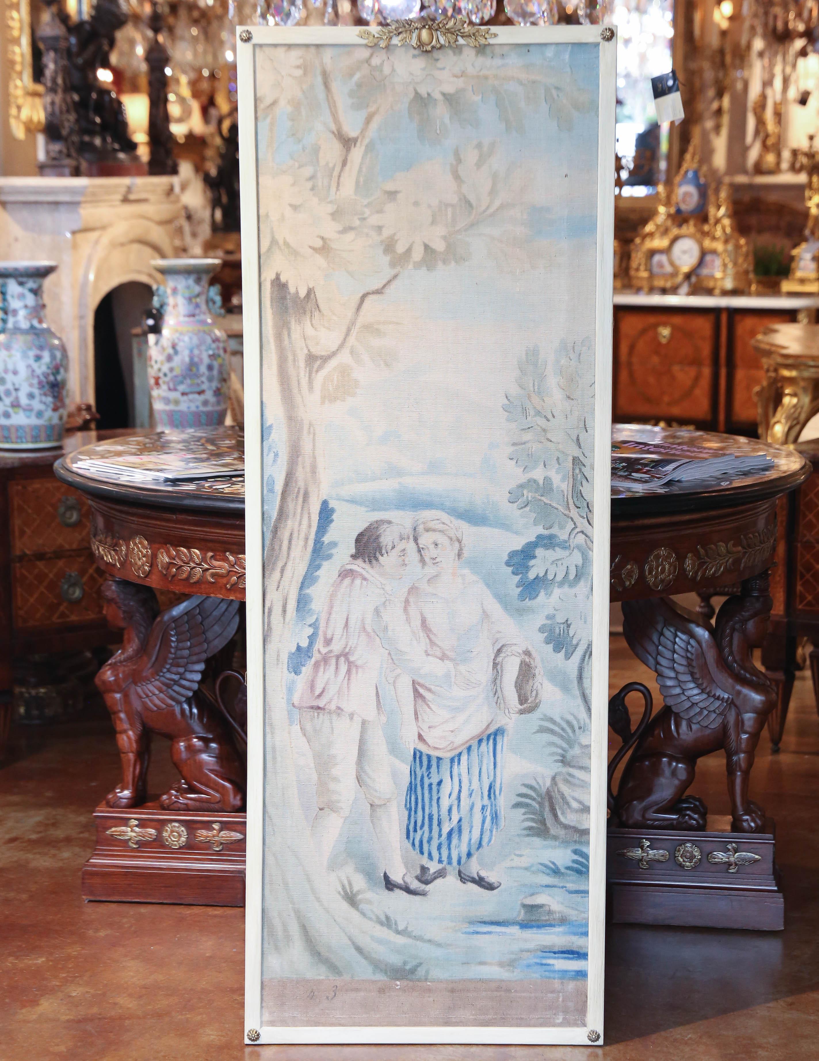 Pair of French Painted Tapestry Panels circa 1900 with Painted Frames For Sale 3