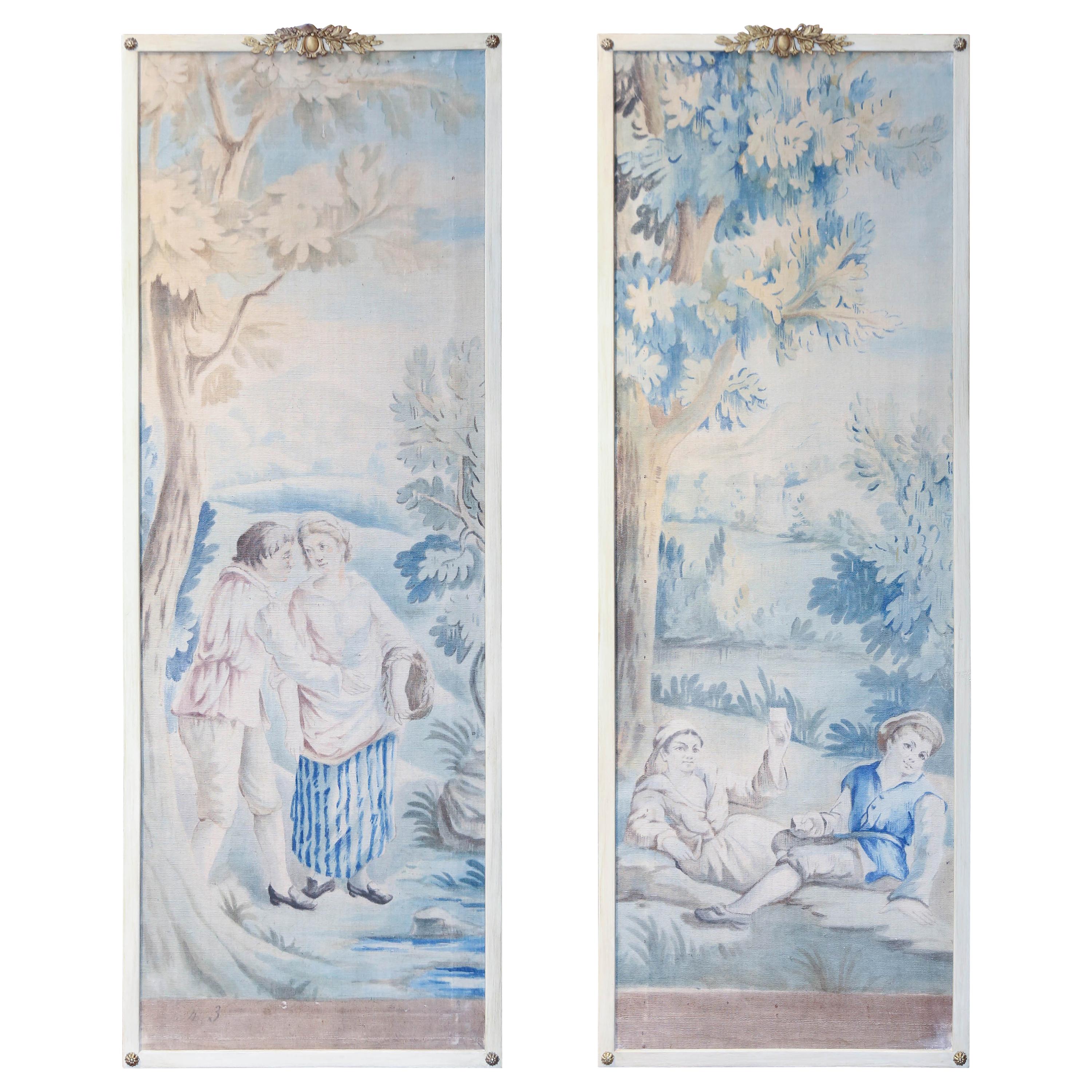 Paar französische bemalte Wandteppiche um 1900 mit bemalten Rahmen