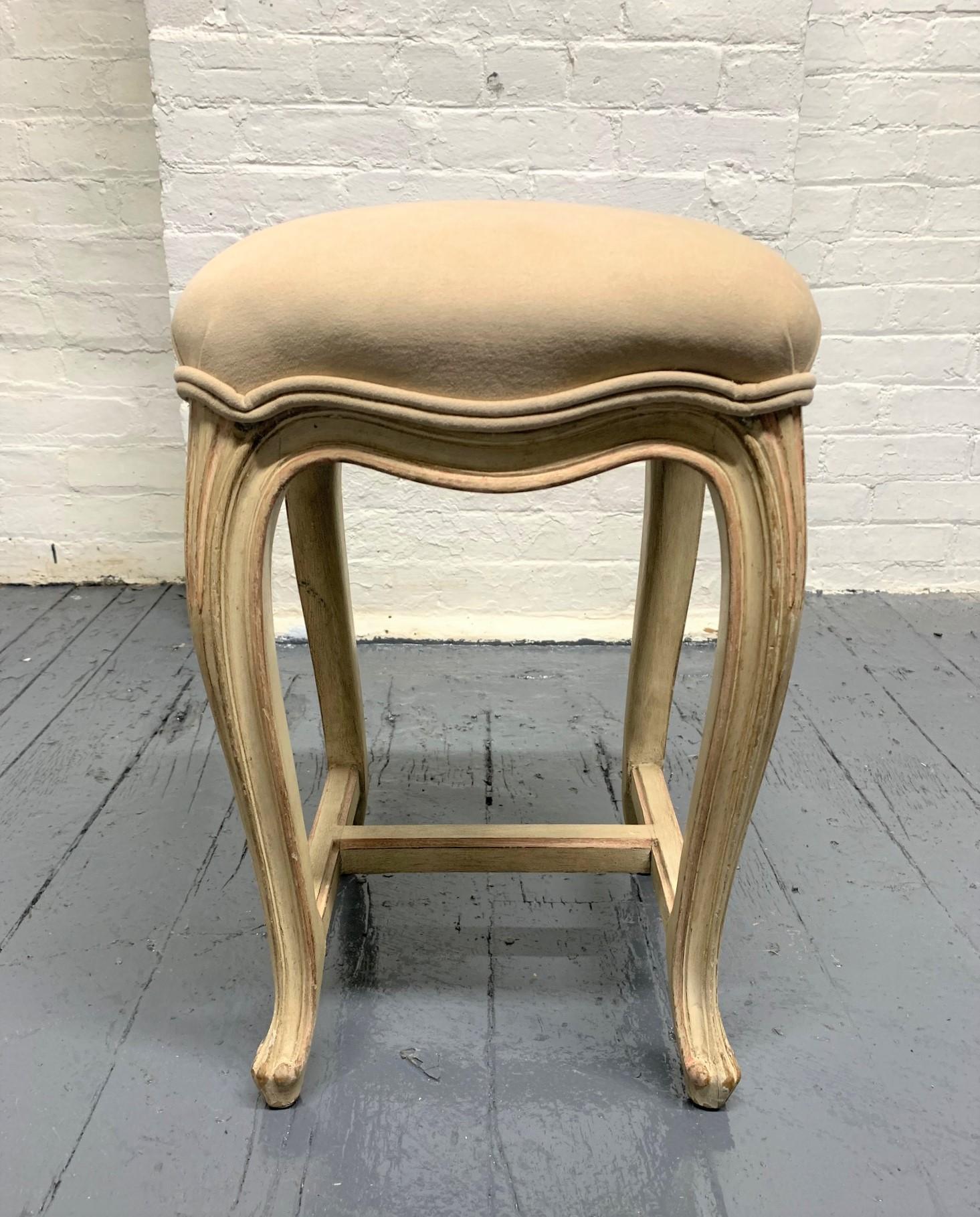 Carved Pair of French Painted Upholstered Stools