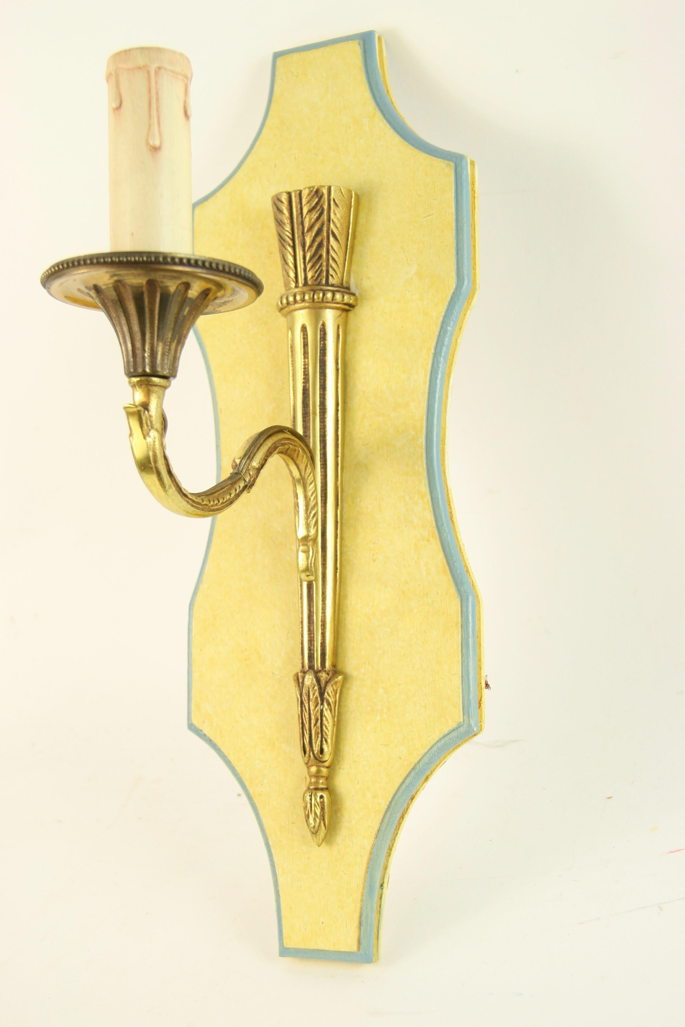 Hand-Painted Pair of French Painted Wood and  Bronze Sconces Circa 1920's For Sale