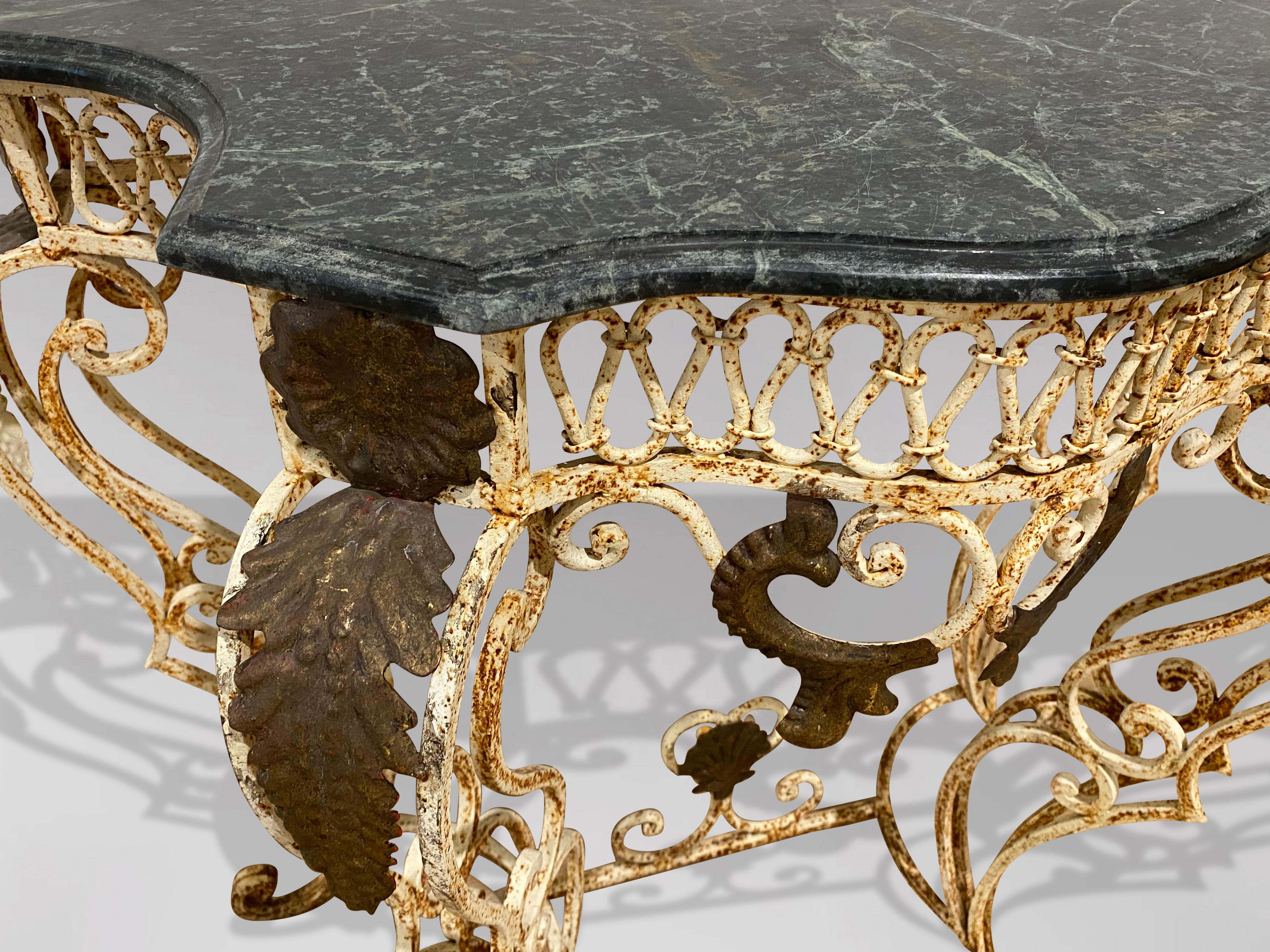 Hand-Crafted Pair of French Painted Wrought Iron Console Tables For Sale