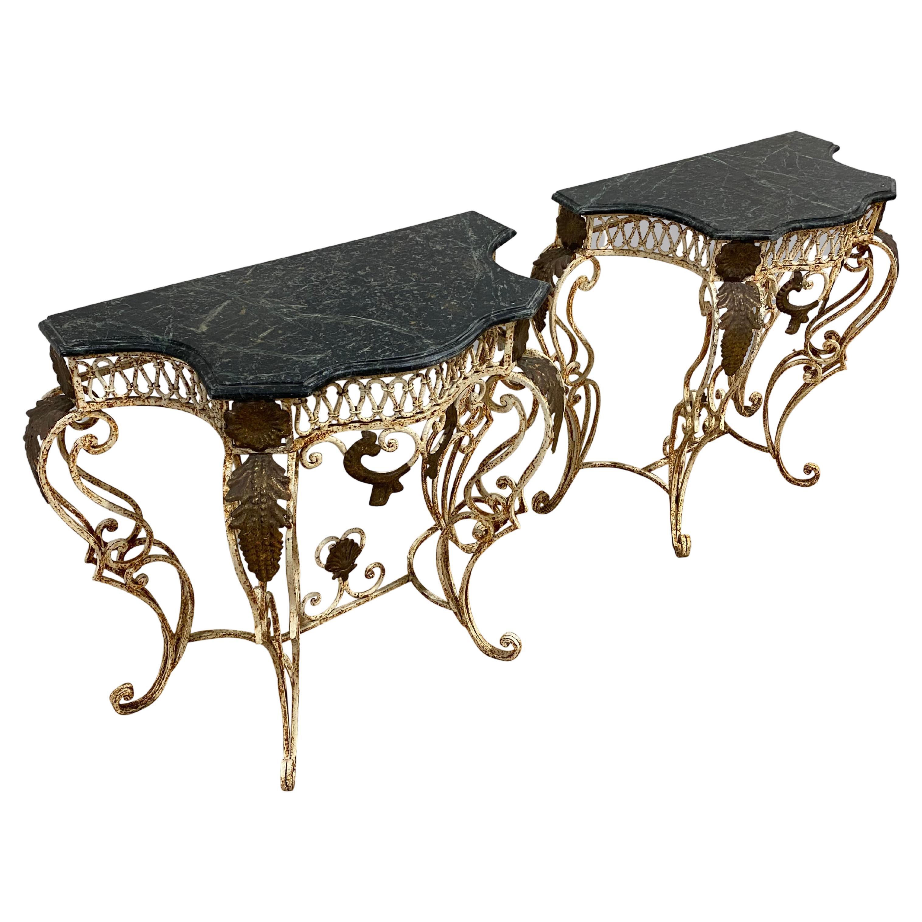 Pair of French Painted Wrought Iron Console Tables For Sale