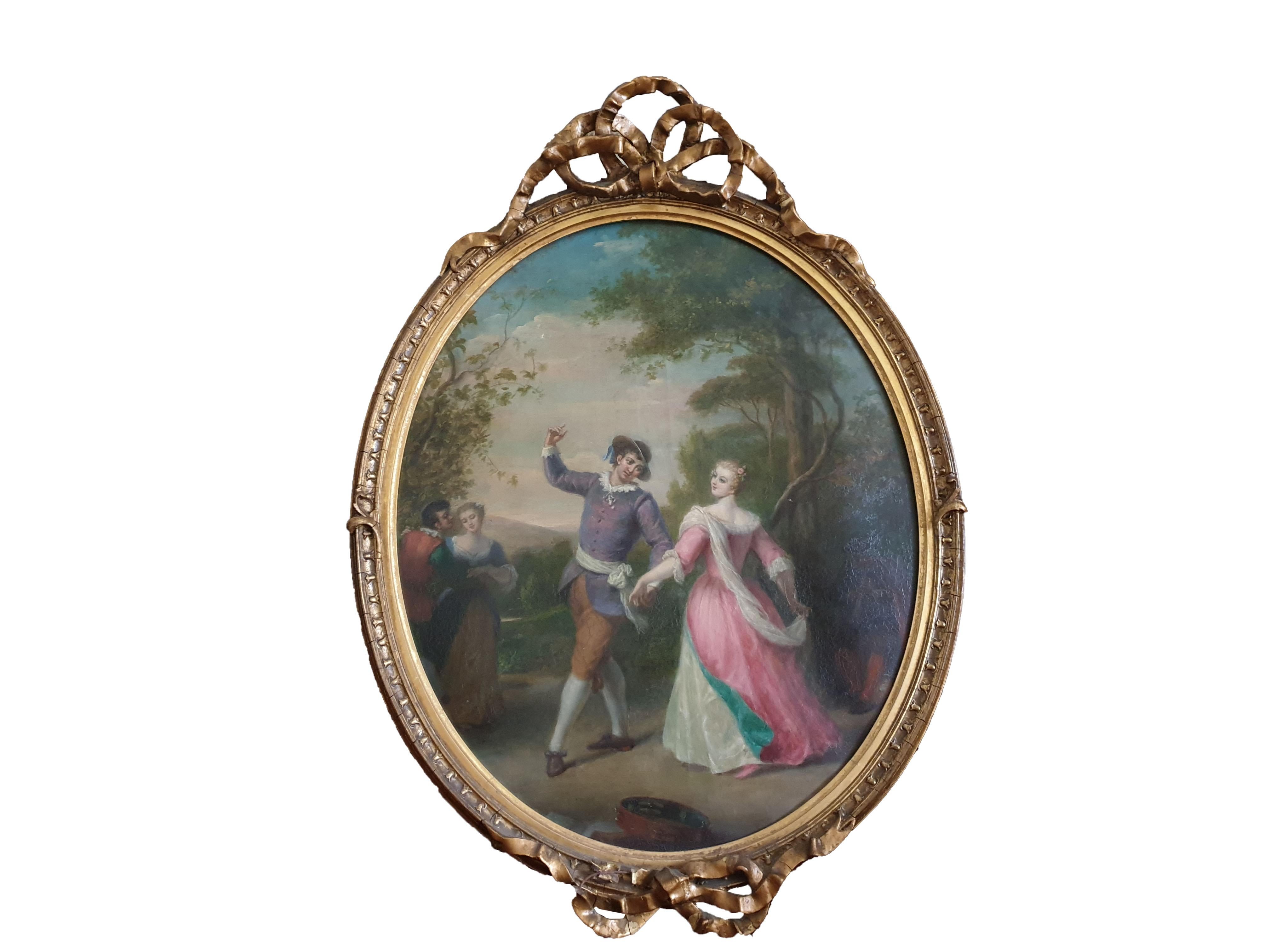 An extremely impressive pair of oval shaped wall paintings from a Promenint British mansion, with provenance labels on each piece and each signed. Ribonned tops and bottoms dates from 1910 on the label with immaculate frames and gilding, and an