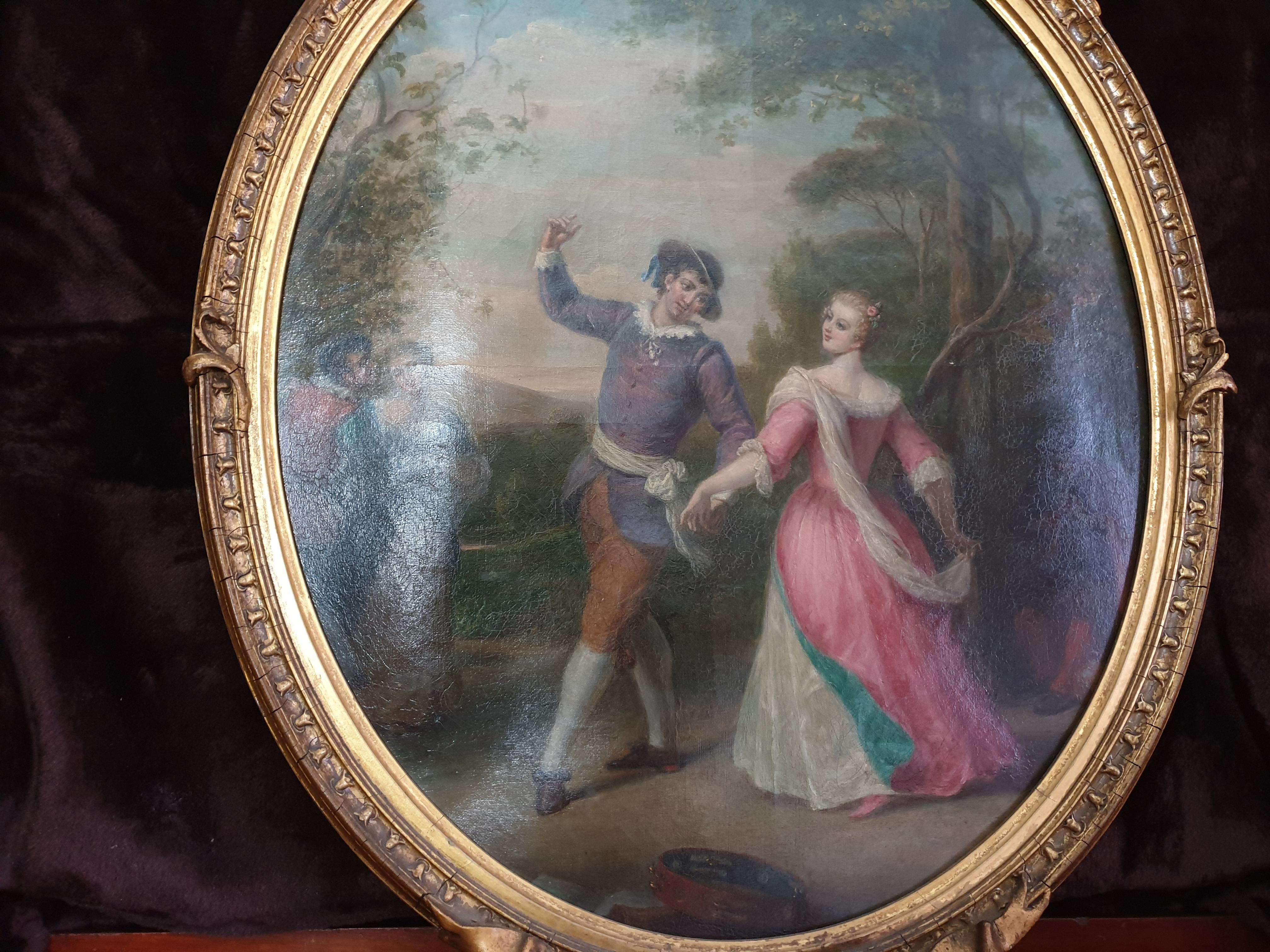 Pair of French Oval Ribbon Paintings Signed And Dated 1910 Scenes Of Lovers  For Sale 3