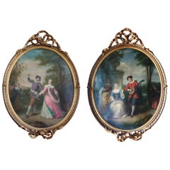 Pair of French Oval Ribbon Paintings Signed And Dated 1910 Scenes Of Lovers 