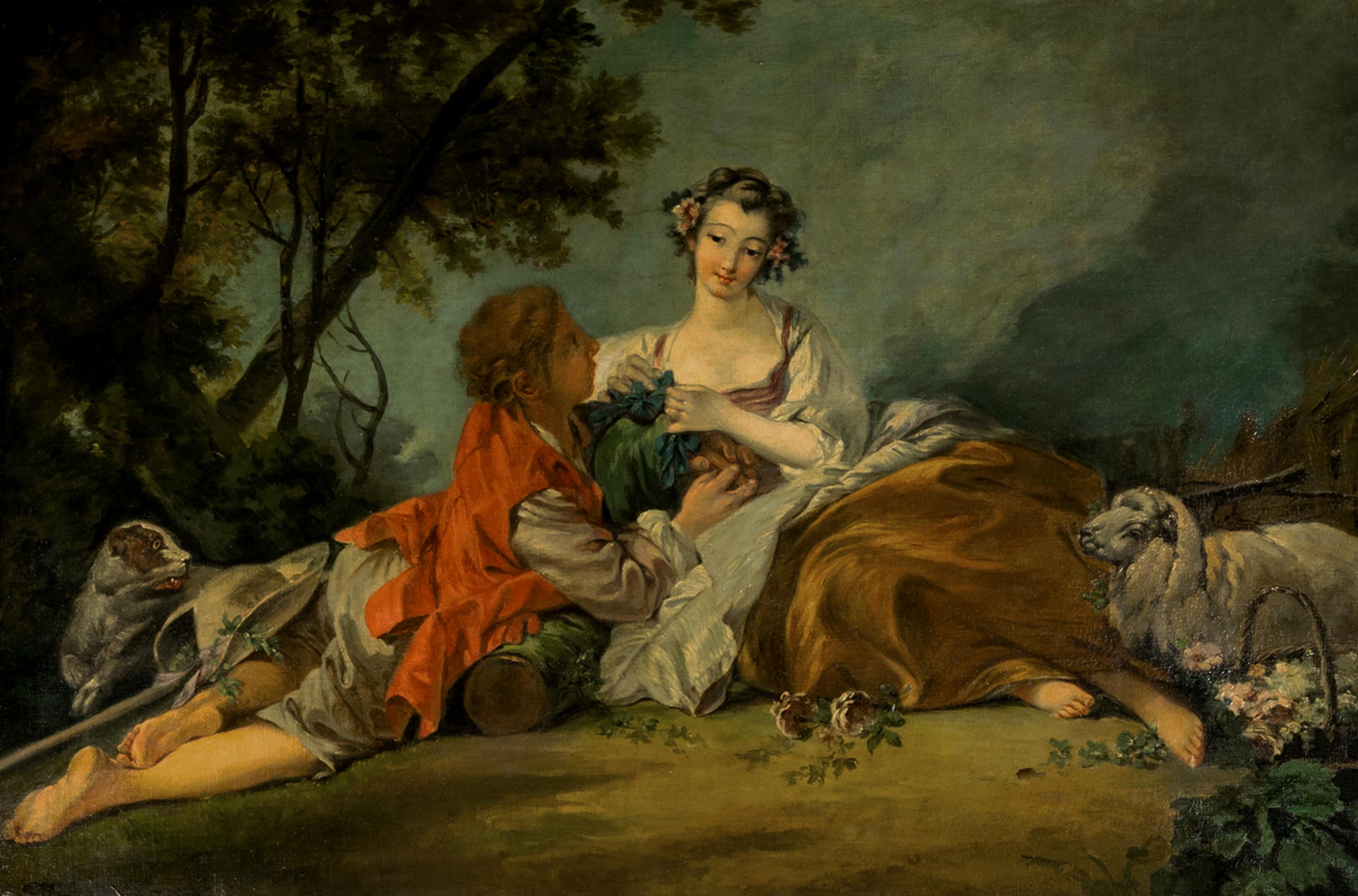 Paire de peintures françaises, (d'après François Boucher), (d'après Eugéne Delacroix) en vente 3