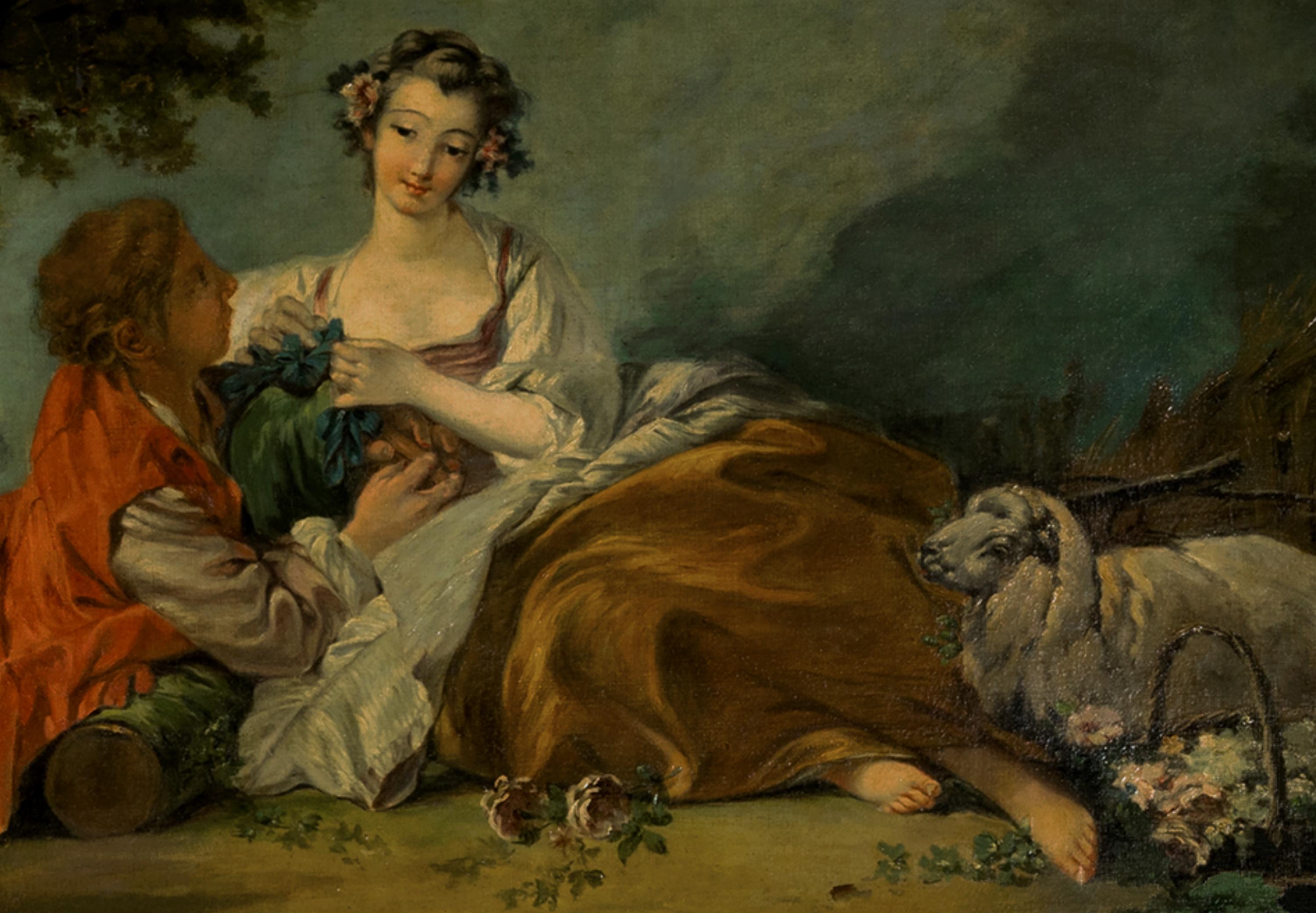 Paire de peintures françaises, (d'après François Boucher), (d'après Eugéne Delacroix) en vente 1