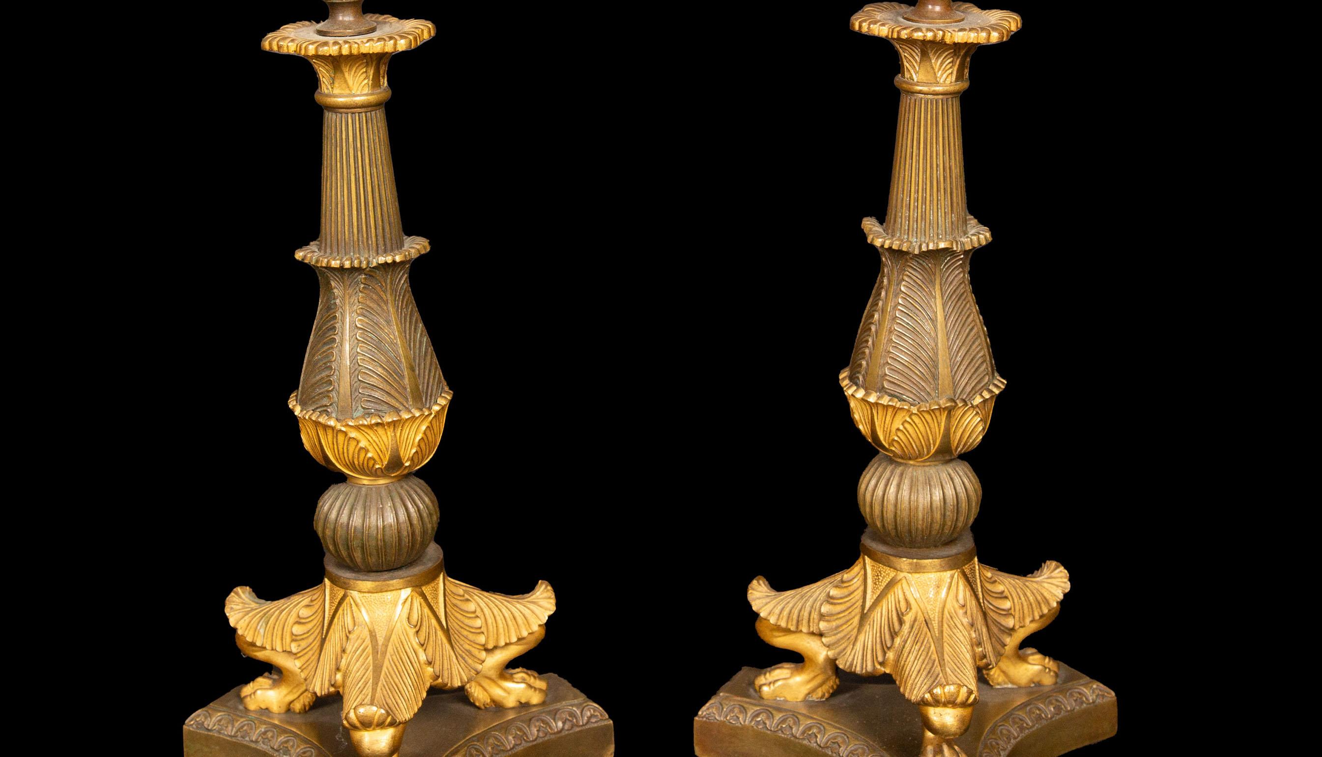 19th-century French Palmette Design Candle Sticks, a stunning testament to timeless elegance and craftsmanship. Meticulously crafted, these candlesticks showcase the iconic French Palmette design with gracefully curved palm fronds and intricate
