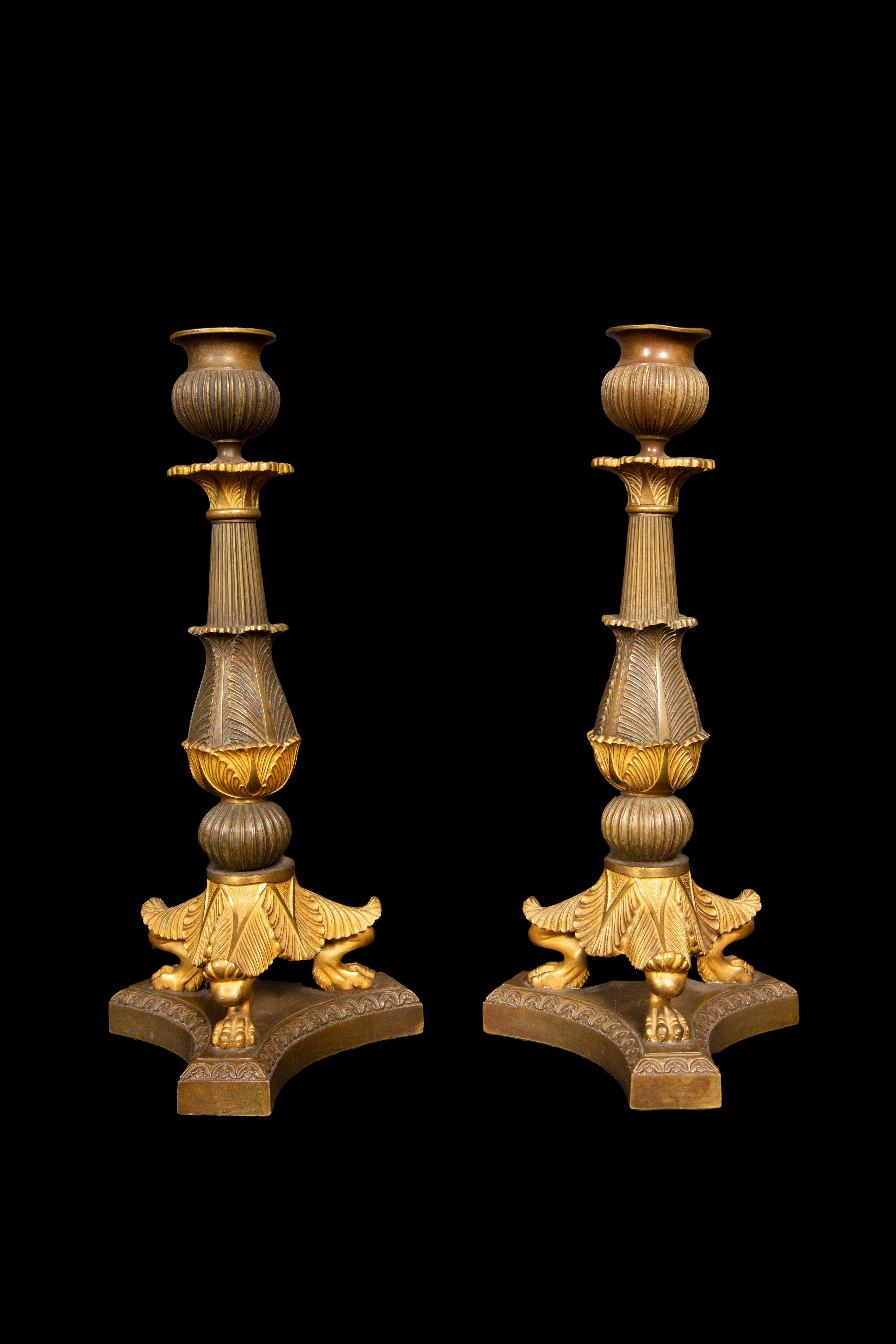 Pair of French Palmette Design Candle Sticks from the 19th Century In Excellent Condition In New York, NY