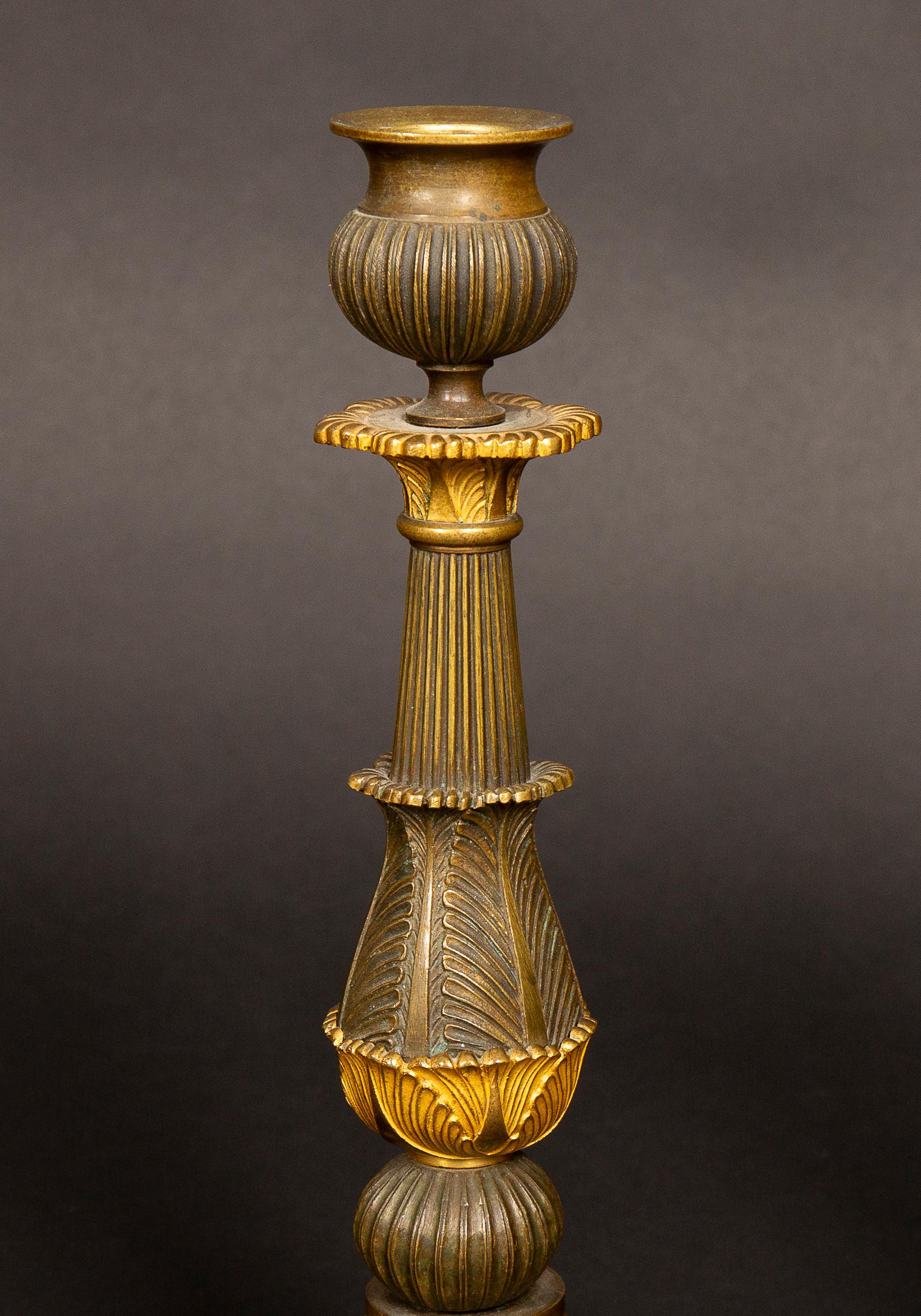 Bronze Pair of French Palmette Design Candle Sticks from the 19th Century