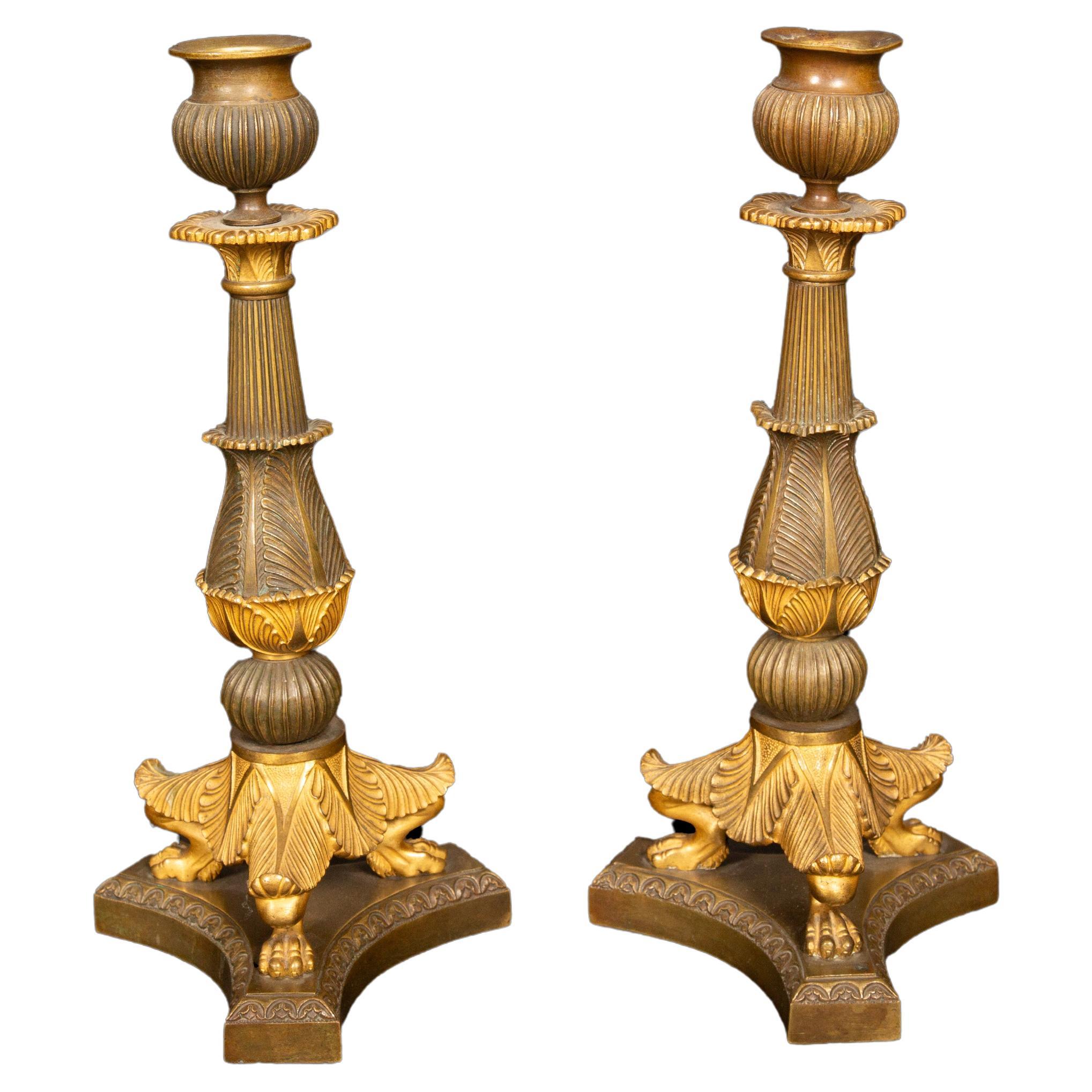 Pair of French Palmette Design Candle Sticks from the 19th Century