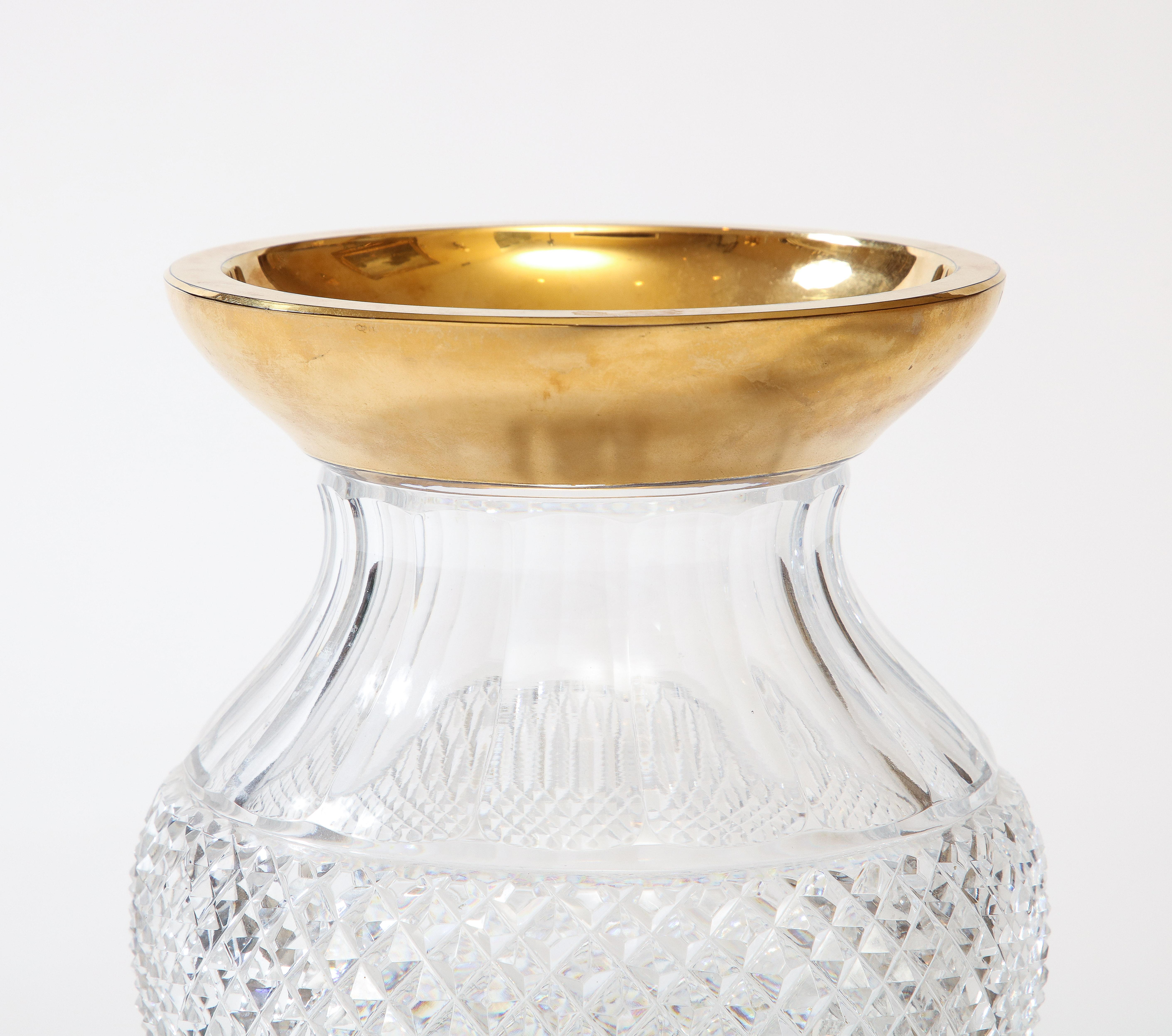 19th Century Pair of French Parcel-Gilt Cut-Crystal Vases