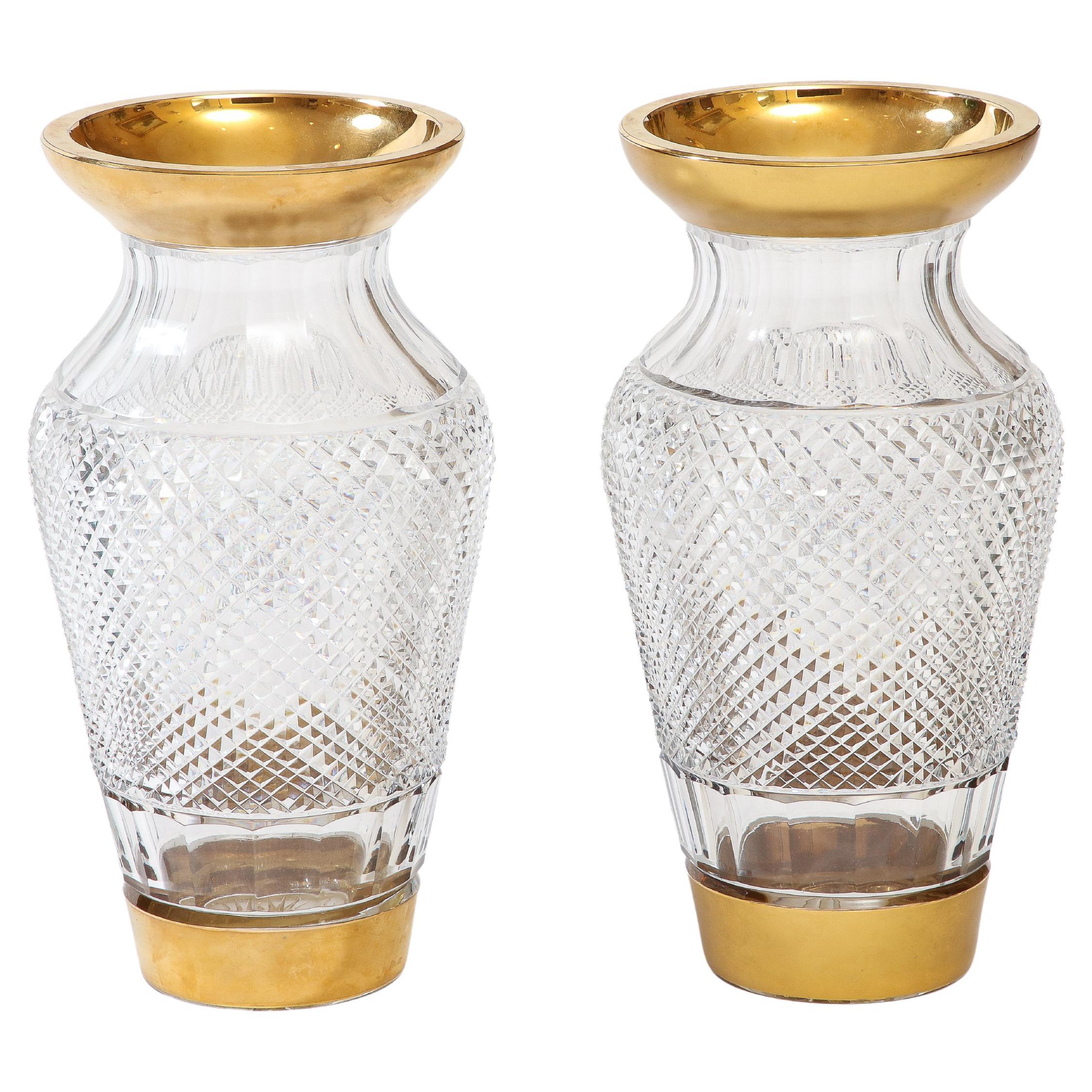 Pair of French Parcel-Gilt Cut-Crystal Vases