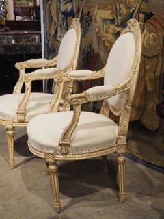 Pair of French Parcel Paint Louis XVI Style Cabriolet Armchairs, Circa 1885