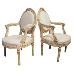 Pair of French Parcel Paint Louis XVI Style Cabriolet Armchairs, Circa 1885