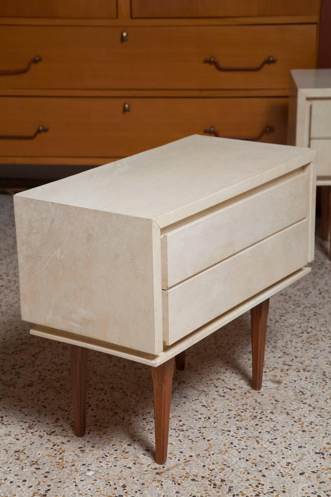 Goatskin Pair of French Parchment Nightstands, circa 1960