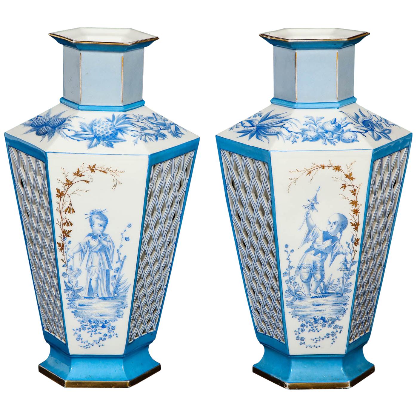 Pair of French Paris Porcelain Blue and White Chinoiserie Style Open-Work Vases
