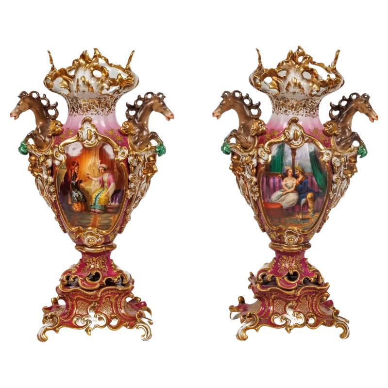 Pair of French Paris Porcelain Hand Painted Vases for the Orientalist Market For Sale