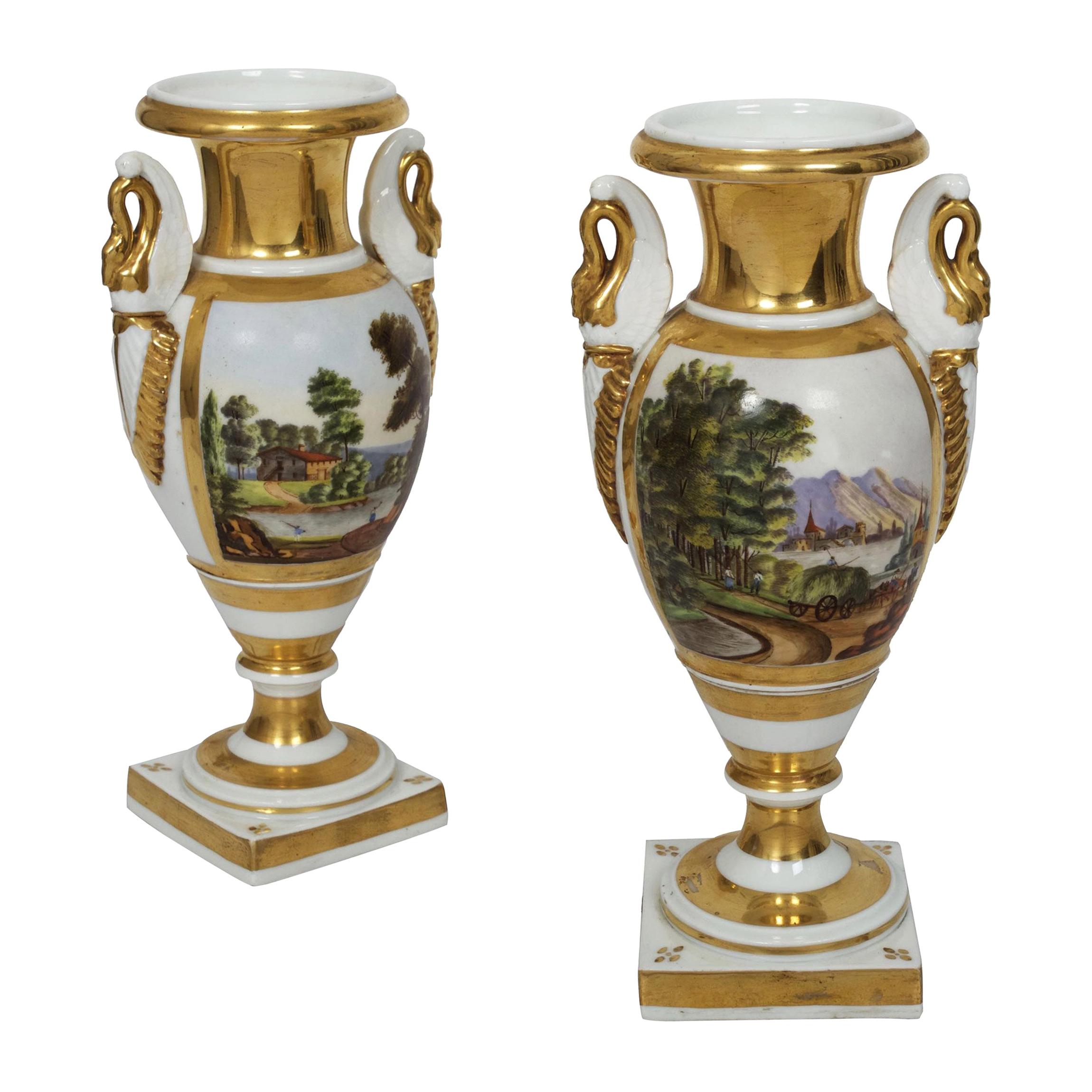 Pair of French Parisian Painted Porcelain Swan-Form Vases, 19th Century